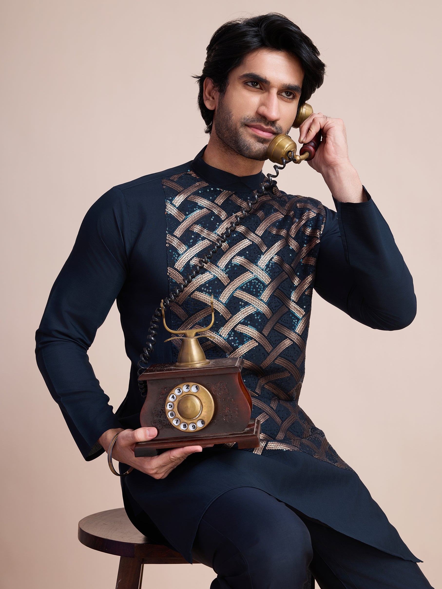 Navy Blue Sequins Embroidered Ethnic Kurta – Rich and Regal