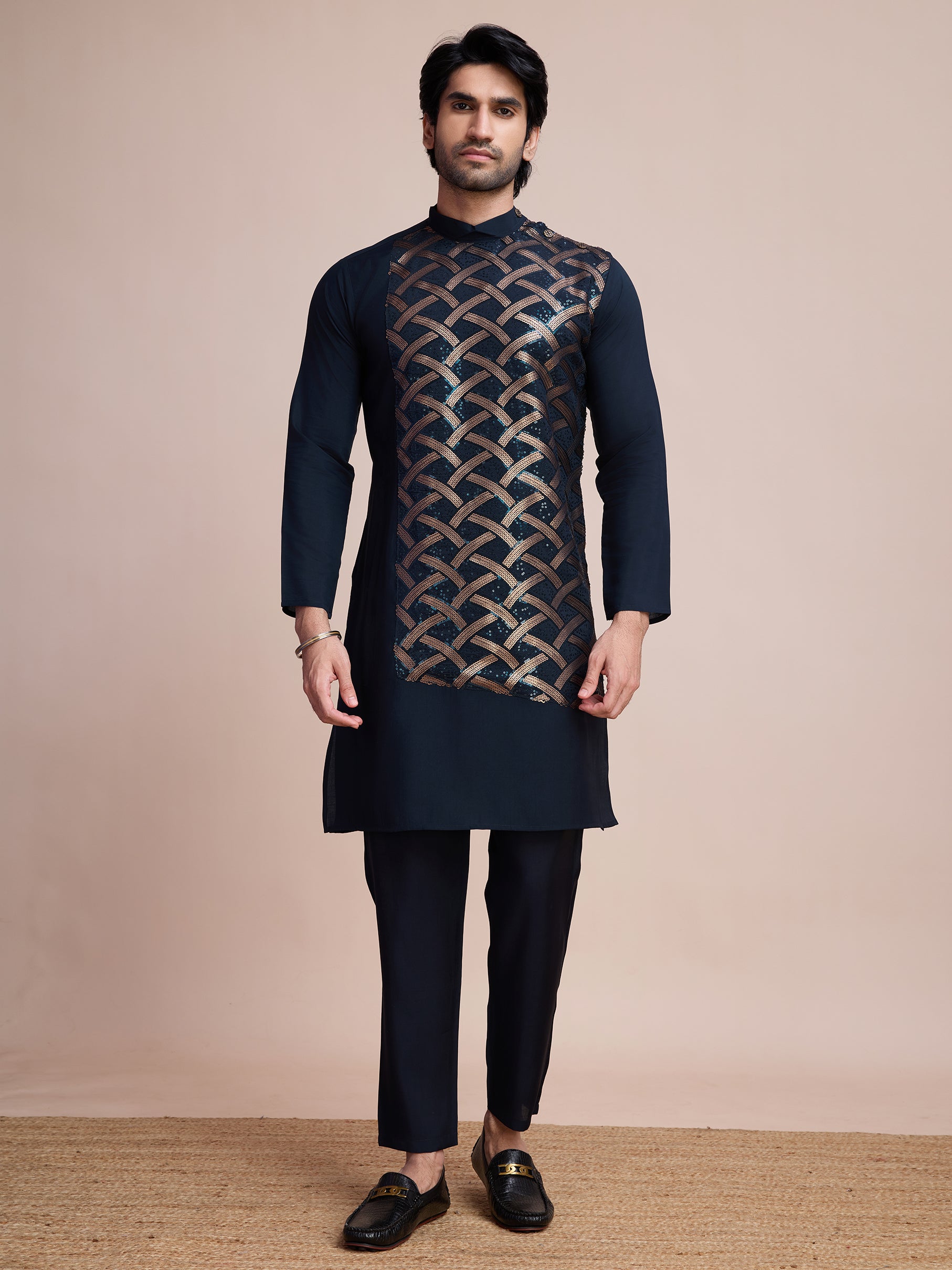 Navy Blue Sequins Embroidered Ethnic Kurta – Rich and Regal