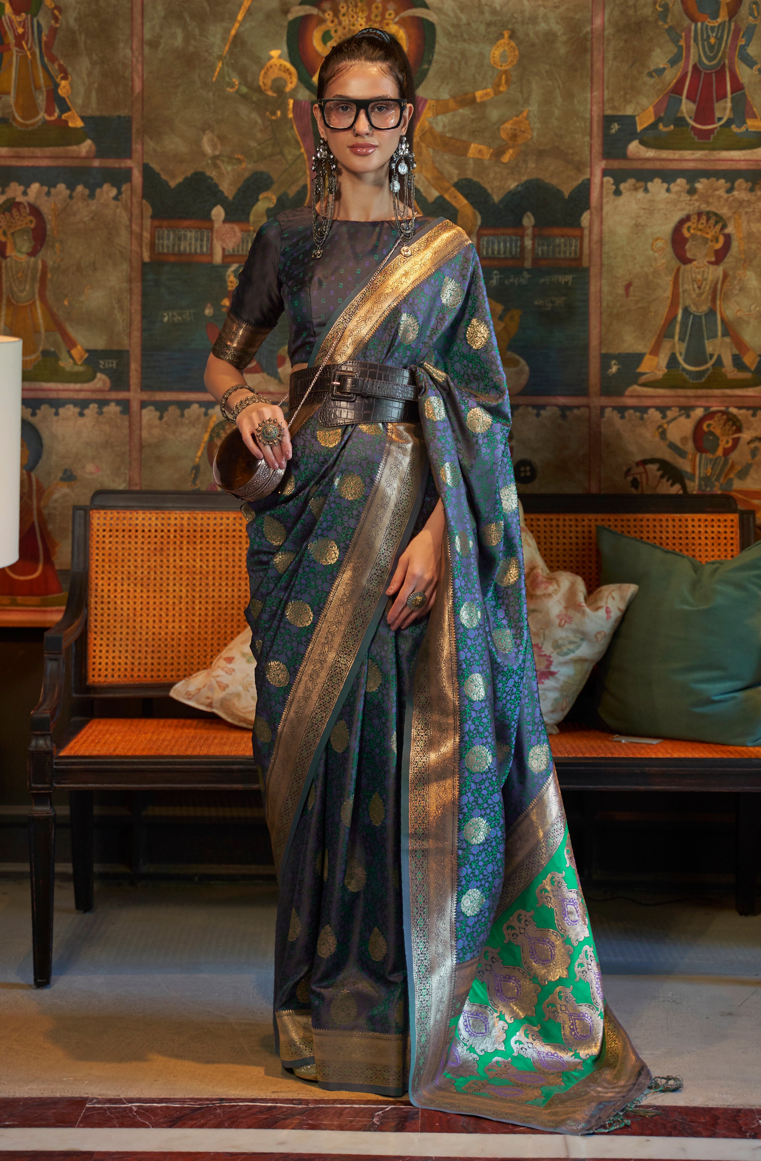 Navy Blue Silk Saree with Jacquard Woven Work