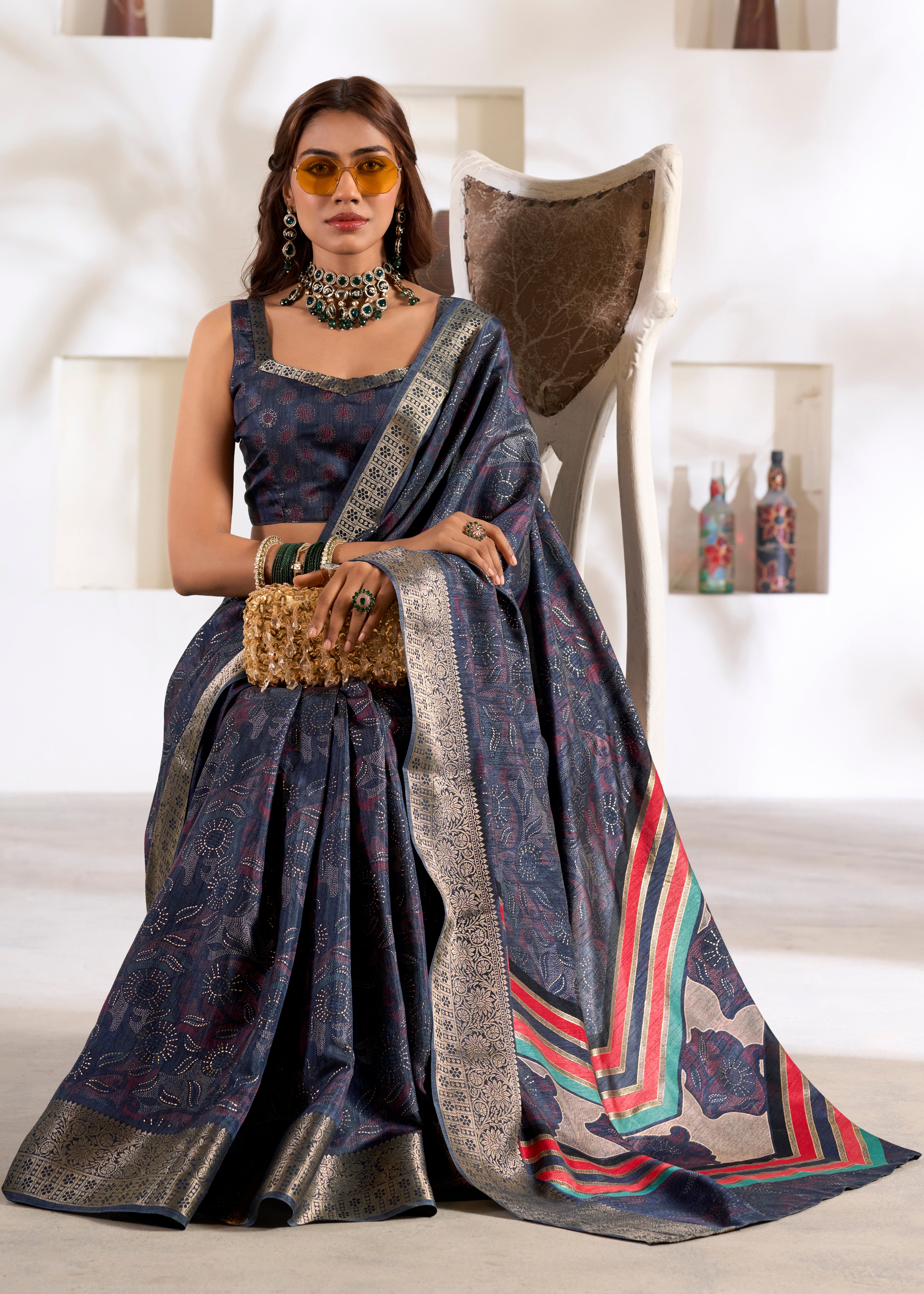 Navy Blue Soft Dola Silk Saree With Foil Print With Jacquard Woven Work