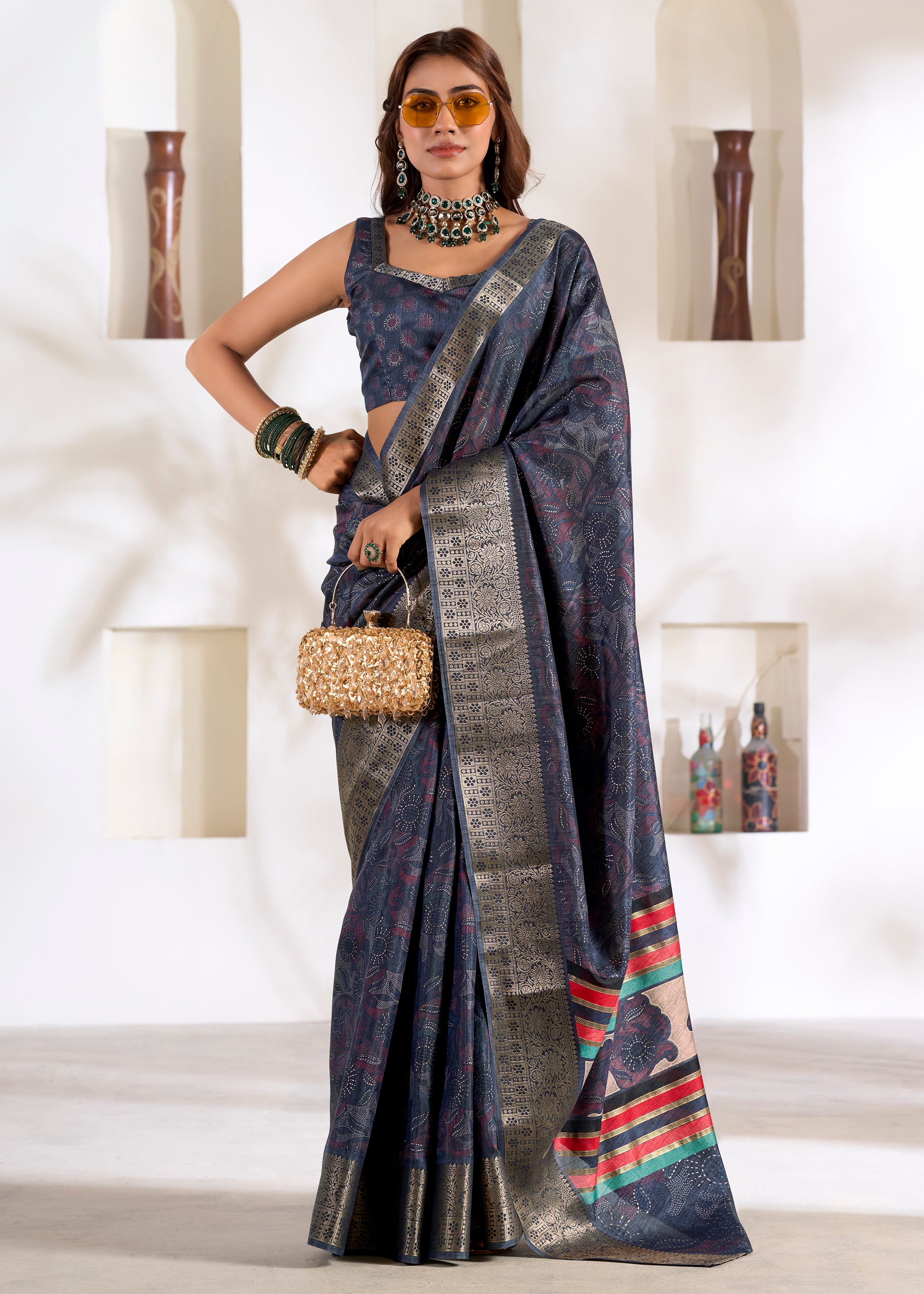 Navy Blue Soft Dola Silk Saree With Foil Print With Jacquard Woven Work