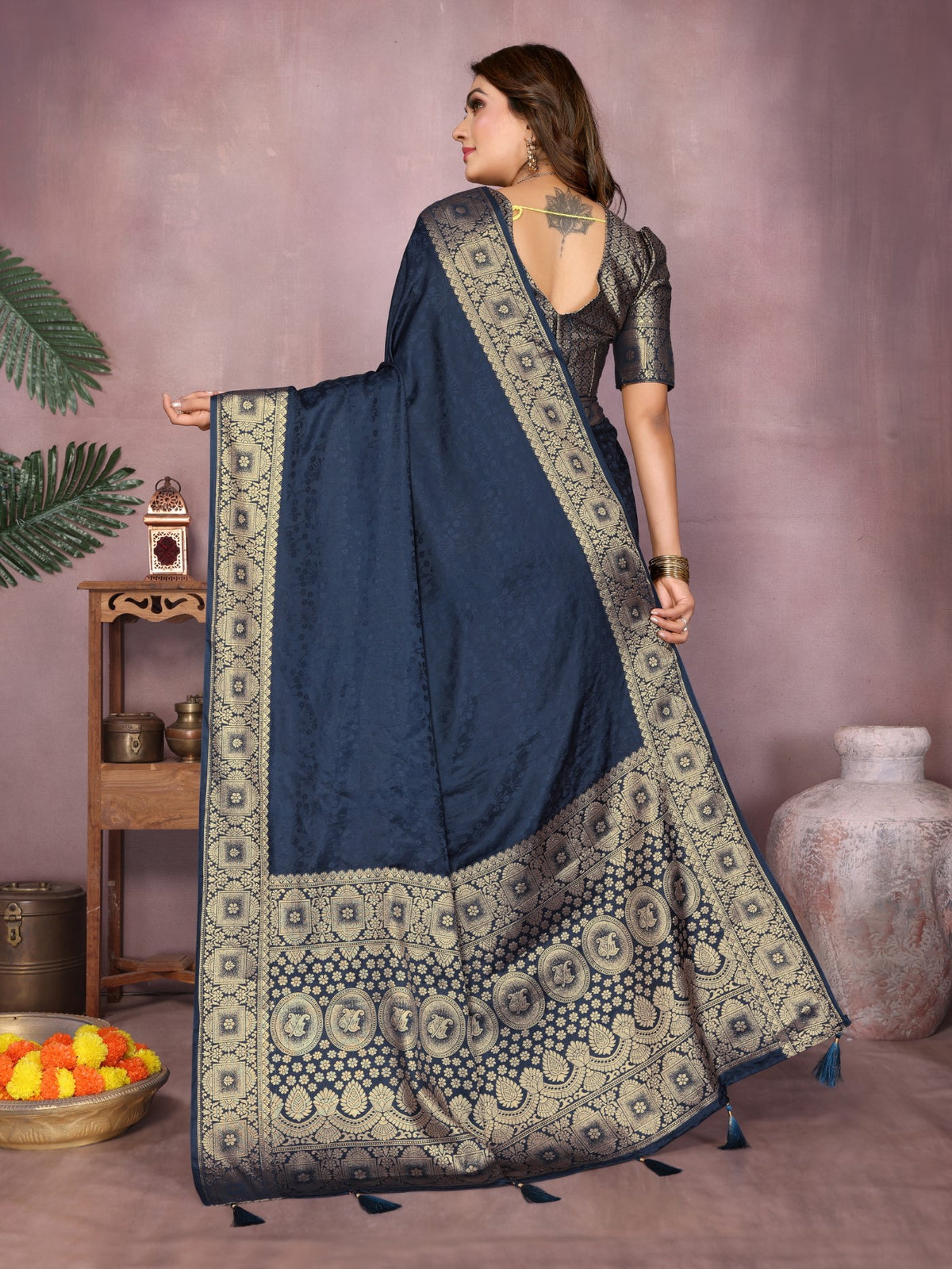 Navy Blue Soft Satin Silk Saree With Designer Zari Weaving