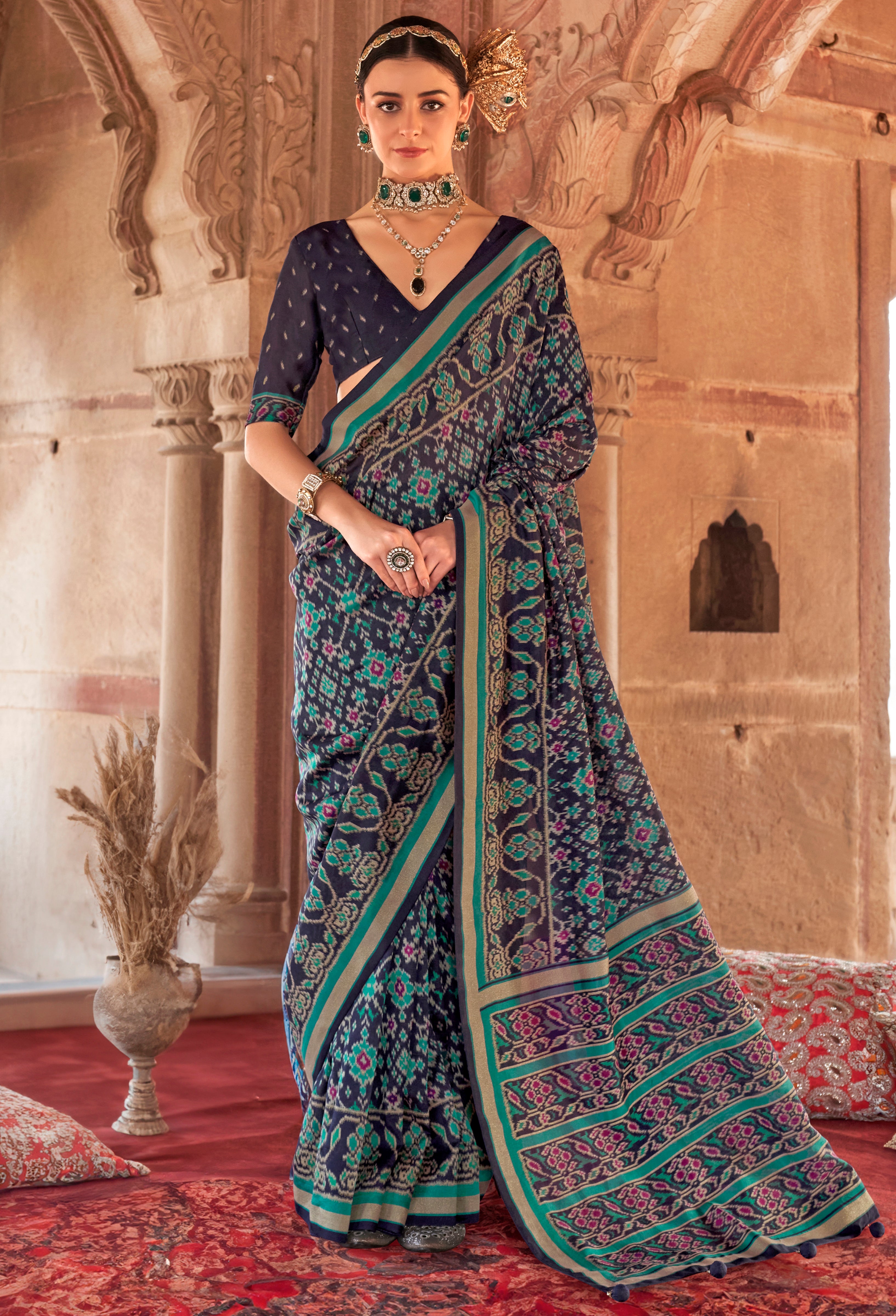 Navy Blue Super Georgette Saree With Patola Print