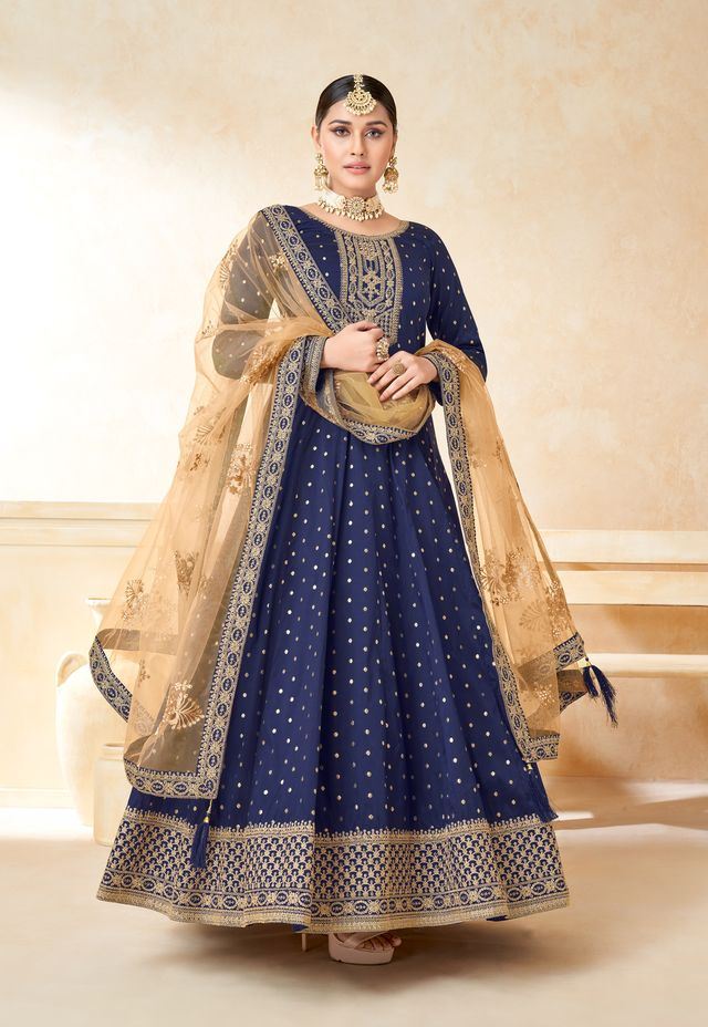 Navy Blue Taffeta Butti Heavy Thread Embroidery, Zari With Sequins Work Anarkali Suits