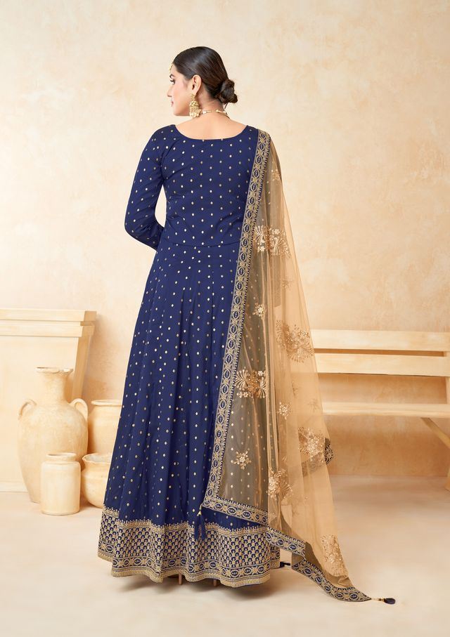 Navy Blue Taffeta Butti Heavy Thread Embroidery, Zari With Sequins Work Anarkali Suits