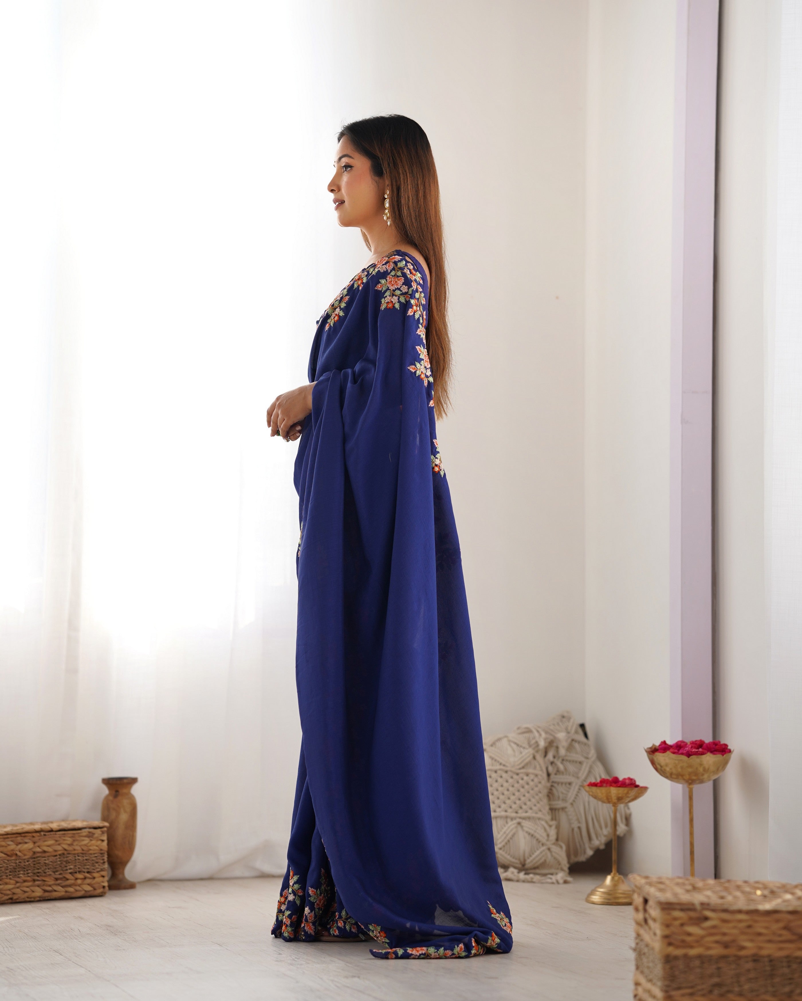 Navy Blue Vichitra Silk Designer Embrodery Work Ethnic Saree