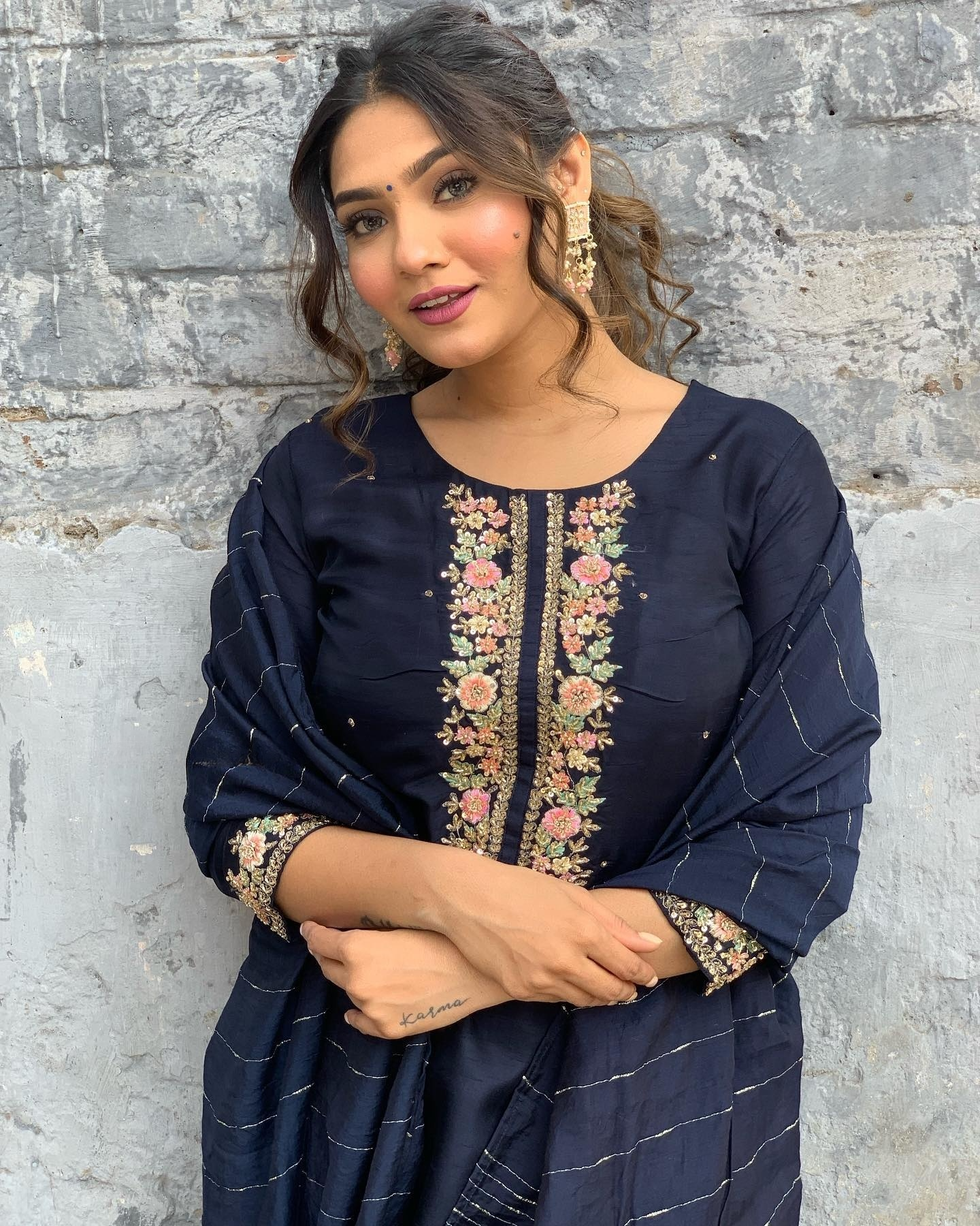 Navy Blue Viscose Chanderi Kurta Pant Set With Embroidery Work