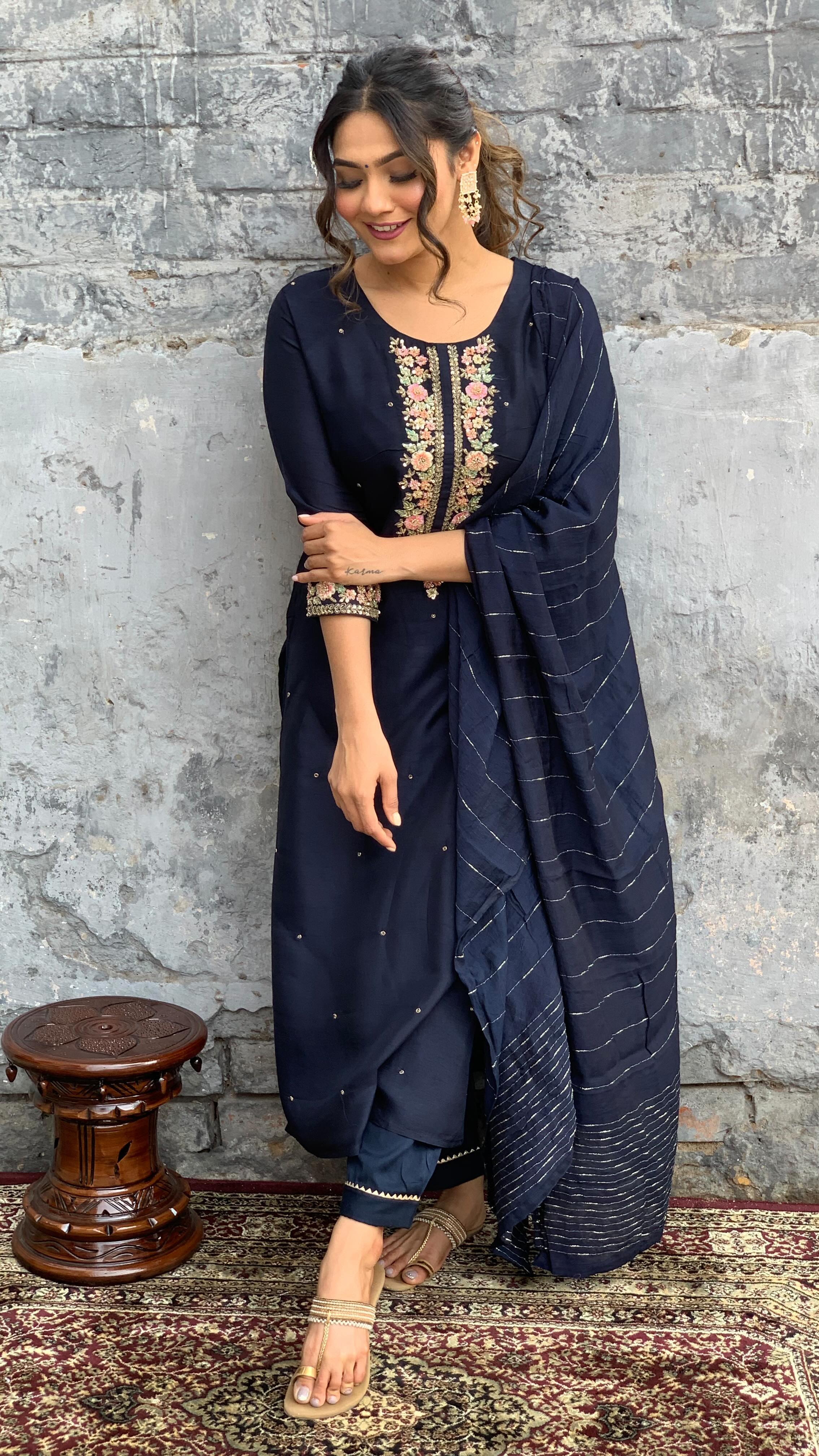 Navy Blue Viscose Chanderi Kurta Pant Set With Embroidery Work