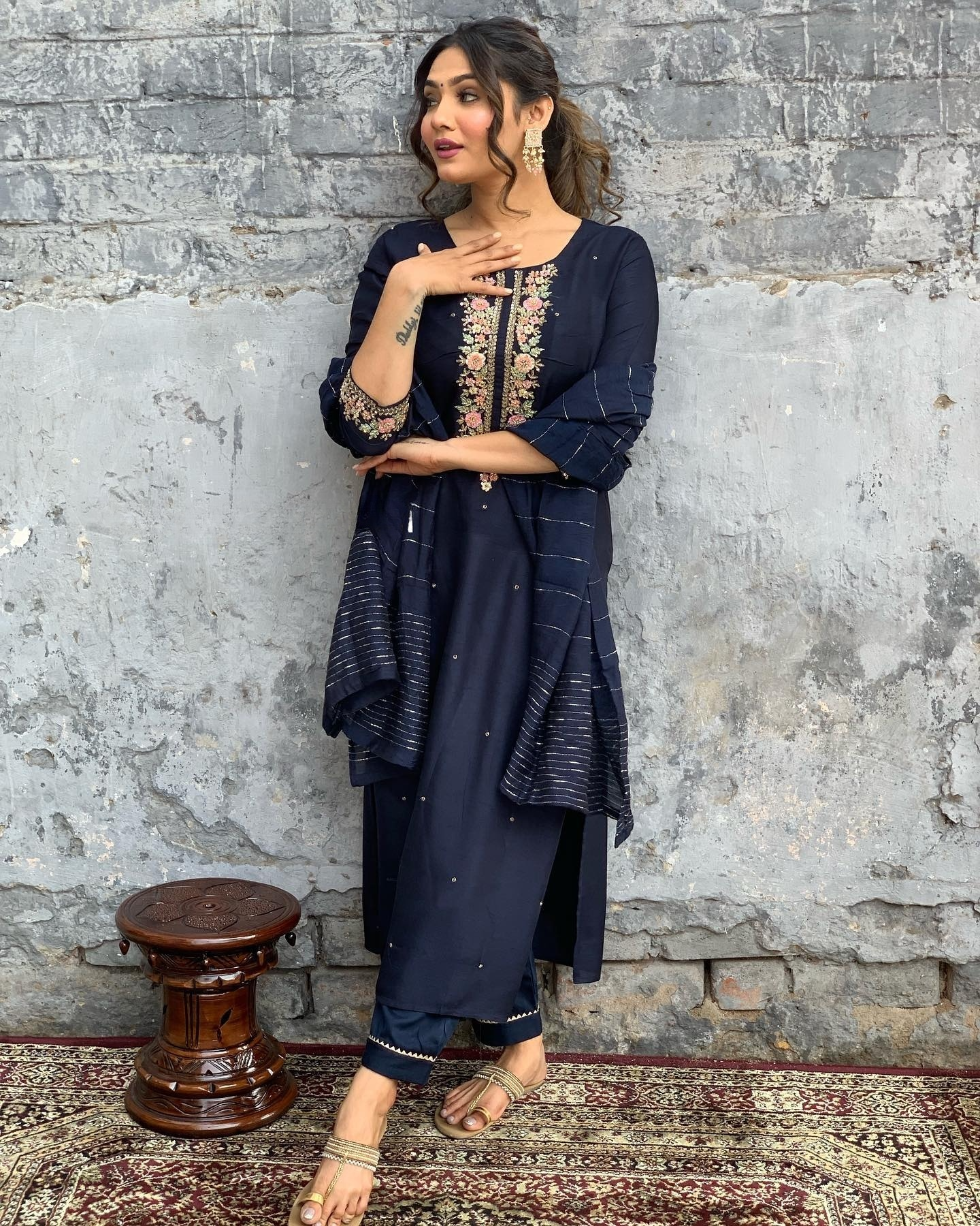 Navy Blue Viscose Chanderi Kurta Pant Set With Embroidery Work