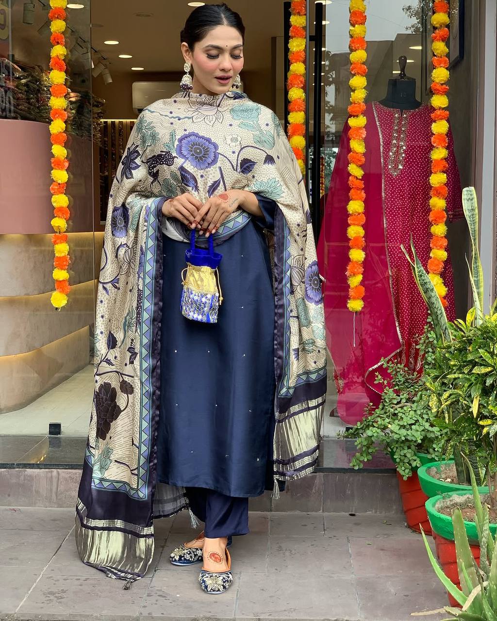 Navy Blue Viscose Chanderi Kurta Pant Set With Heavy Thread Embroidered Work With Printed Dupatta