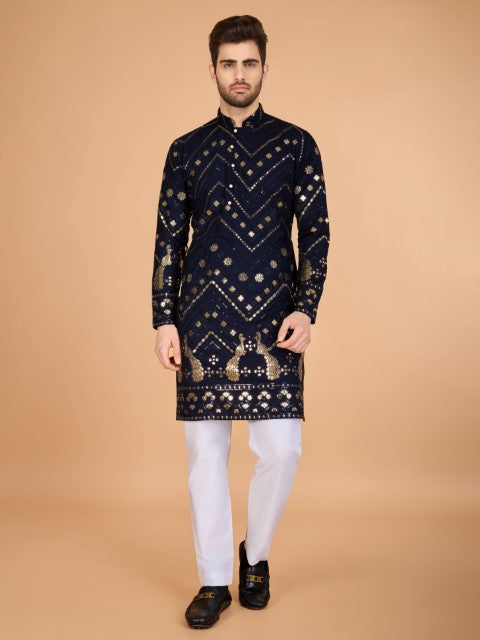 Navy Blue Viscose Rayon Thread & Sequins Embroidery Ceremonial Kurta