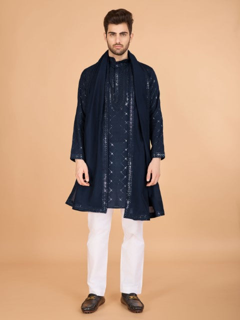 Navy Blue Viscose Silk Thread & Sequins Kurta with Dupatta