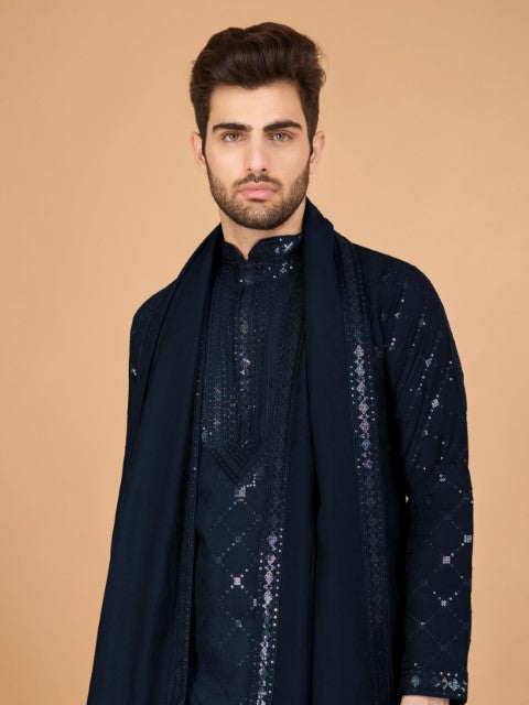 Navy Blue Viscose Silk Thread & Sequins Kurta with Dupatta