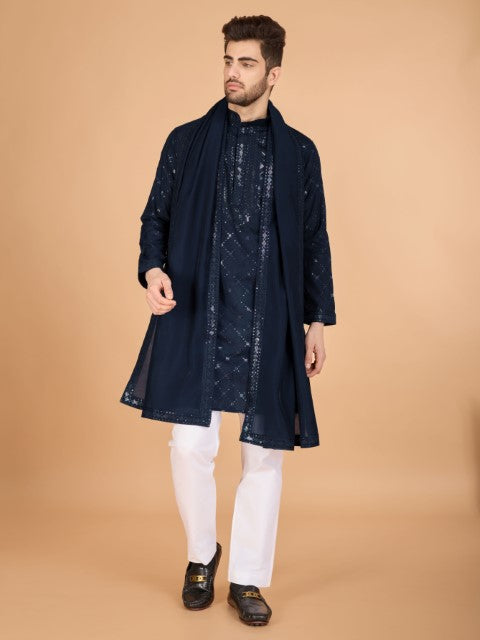 Navy Blue Viscose Silk Thread & Sequins Kurta with Dupatta