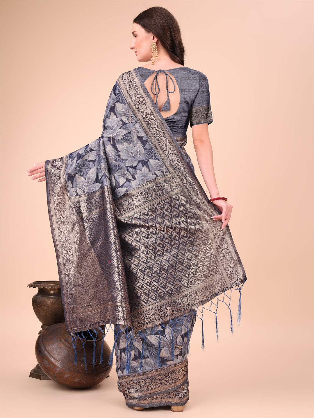Navy Blue Woven Jacquard Designer With Floral Printed Cotton Ceremonial Saree