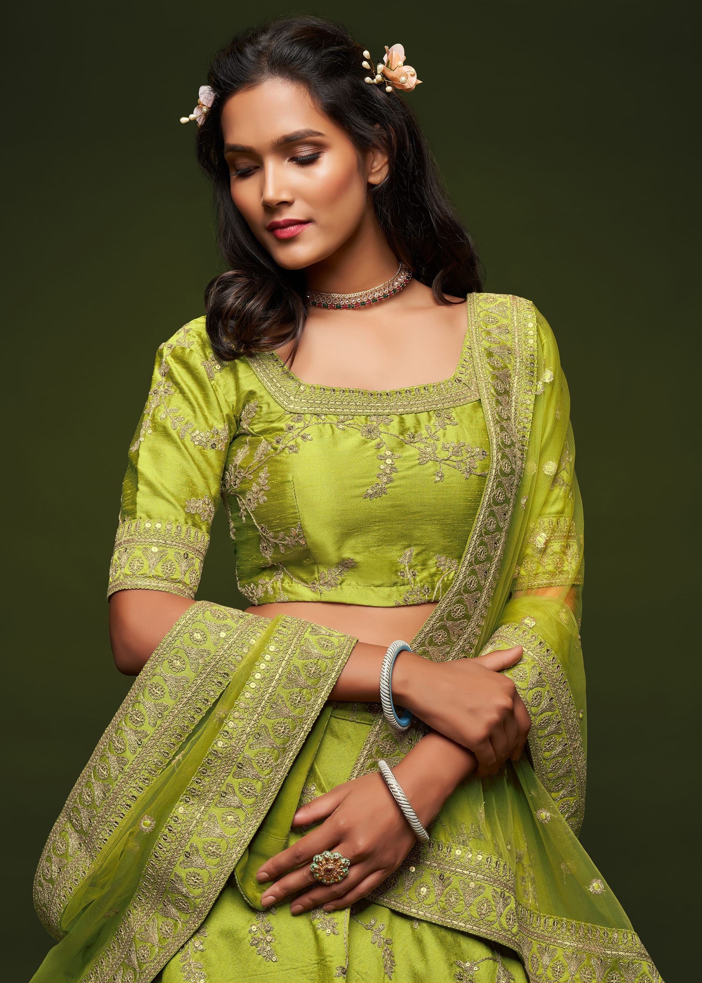 Neon Art Silk Lehenga Choli With Thread, Zari, Dori and Sequins Embroidery Work