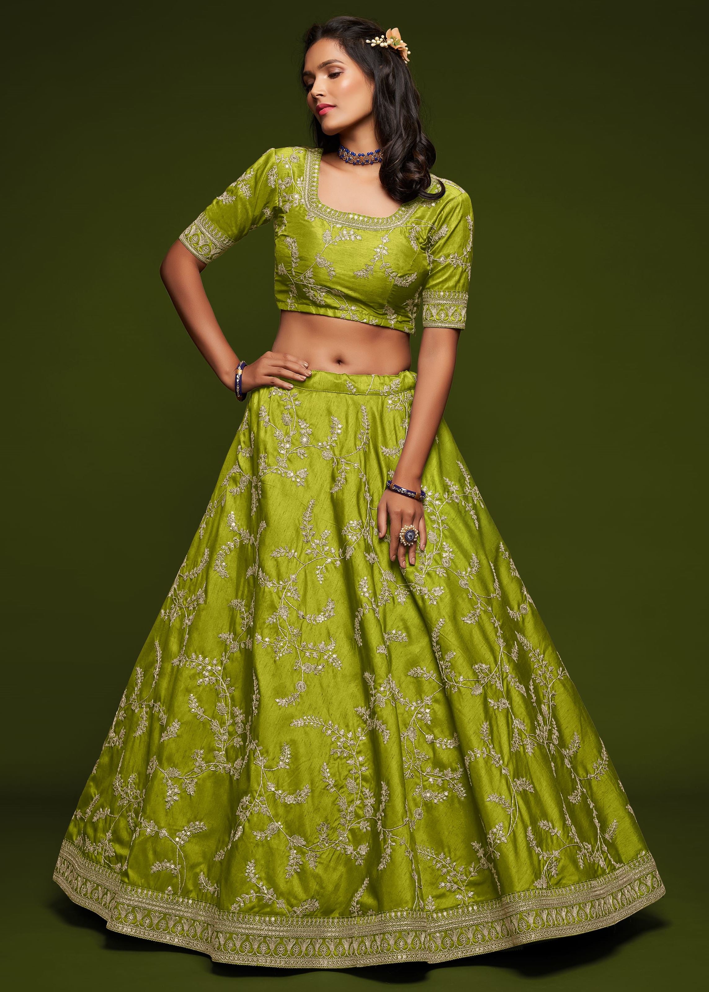 Neon Art Silk Lehenga Choli With Thread, Zari, Dori and Sequins Embroidery Work