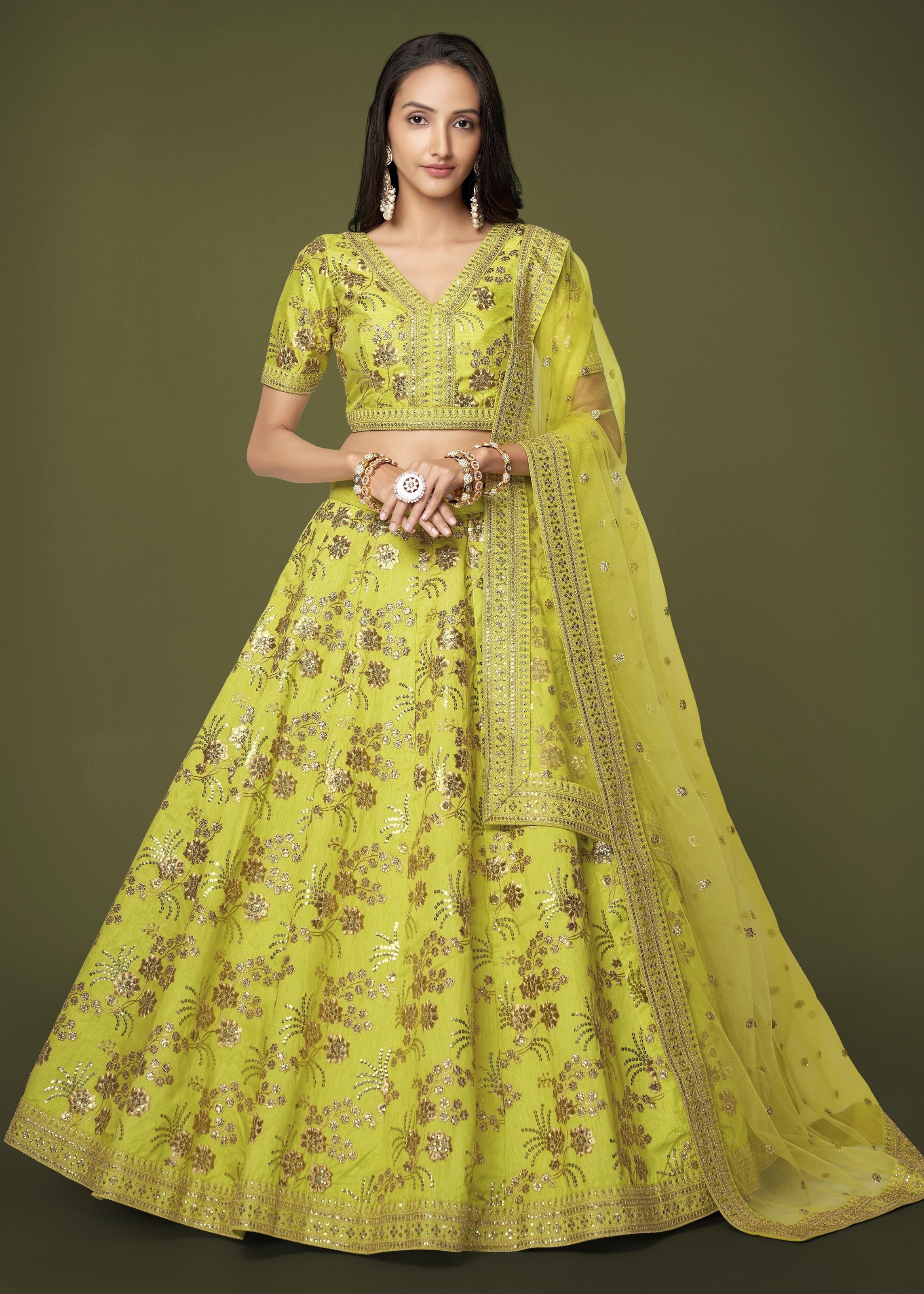 Neon Slub Silk Lehenga Choli With Zari Sequins and Dori Embroidery Work