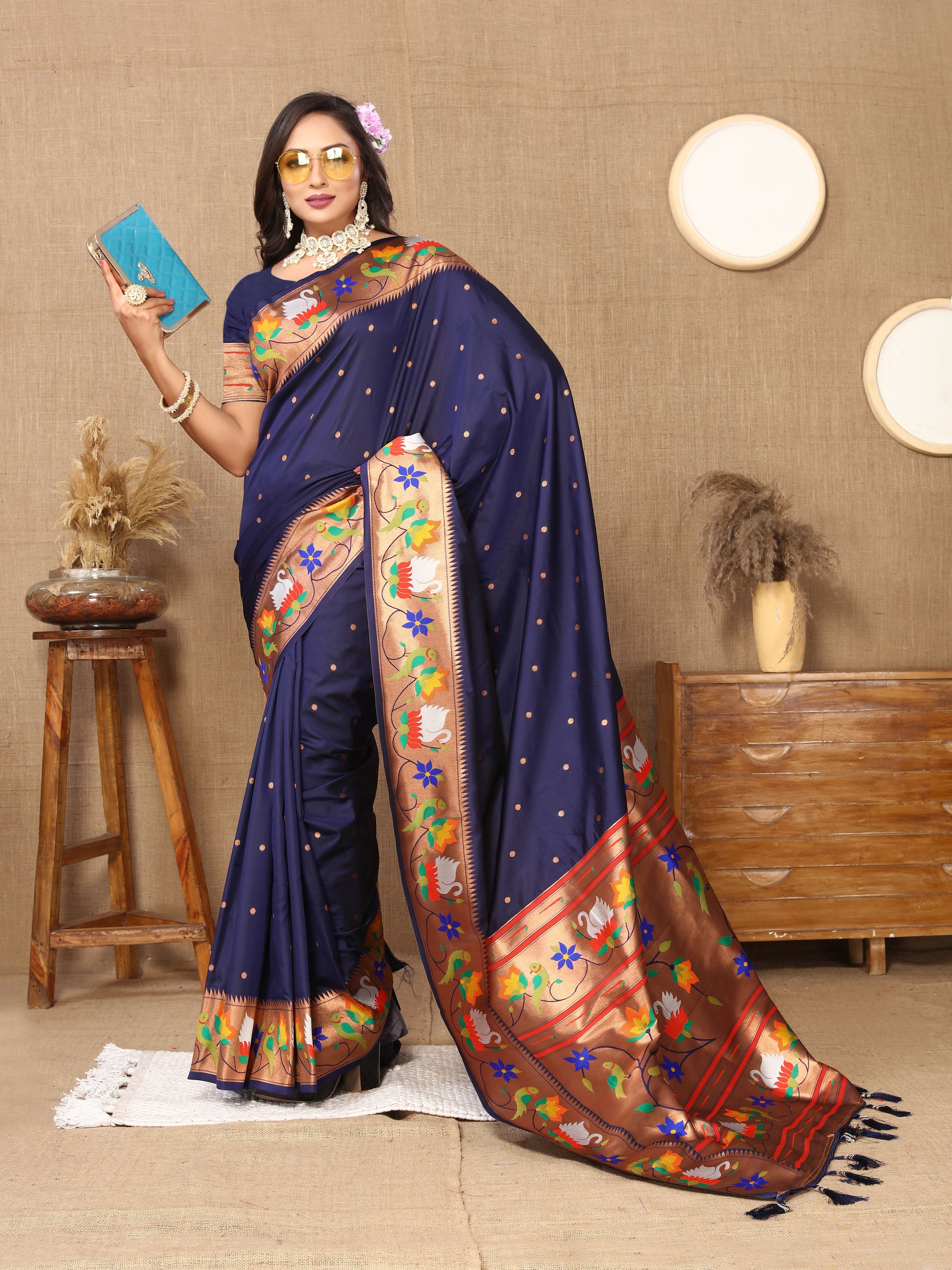 Nevy Blue Paithani Silk Woven Meenakari Paithani Designer Saree