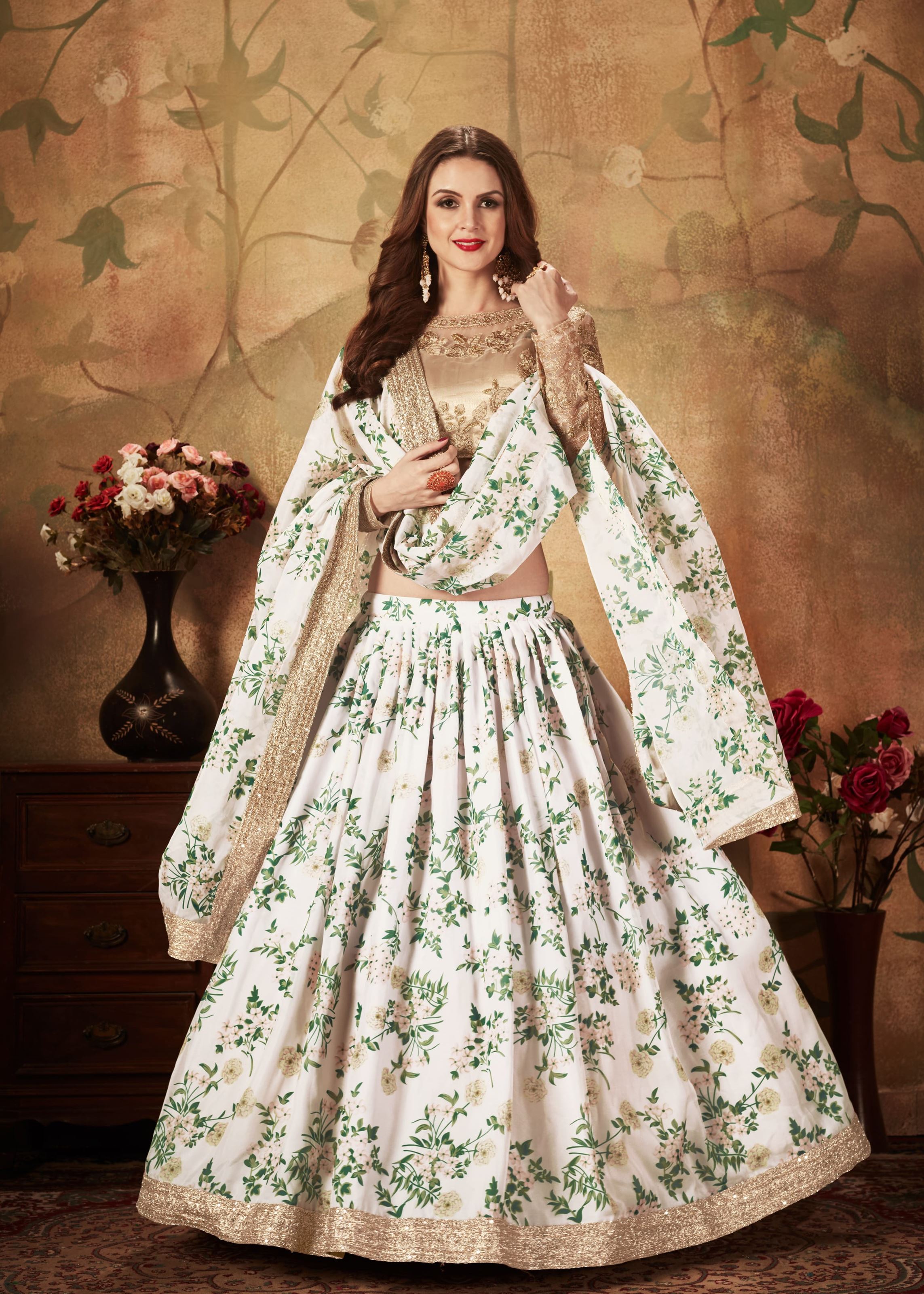 Off-White And Beige Lehenga Choli With Digital Print & Dori, Zari And Sequins Embroidery Work