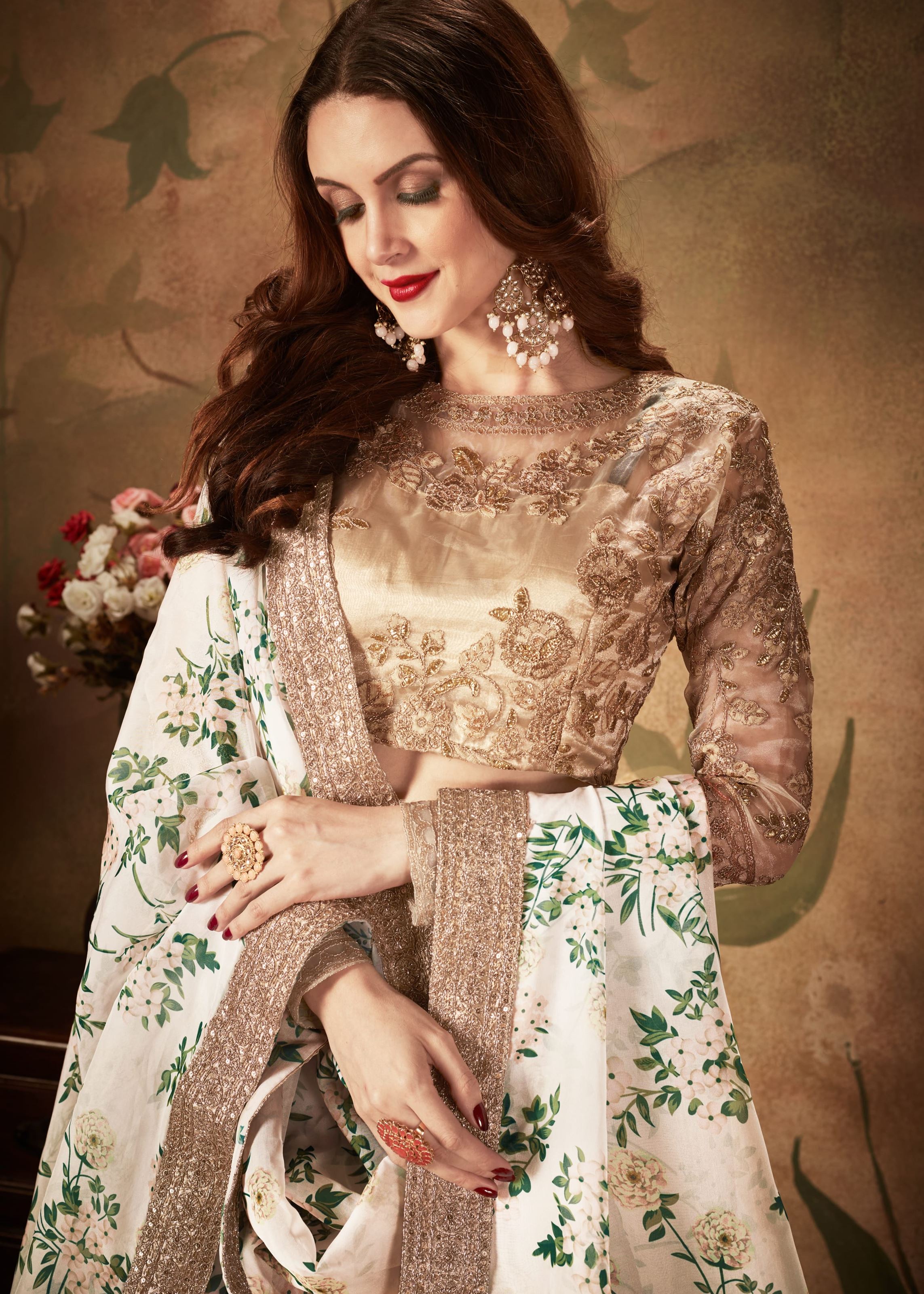 Off-White And Beige Lehenga Choli With Digital Print & Dori, Zari And Sequins Embroidery Work