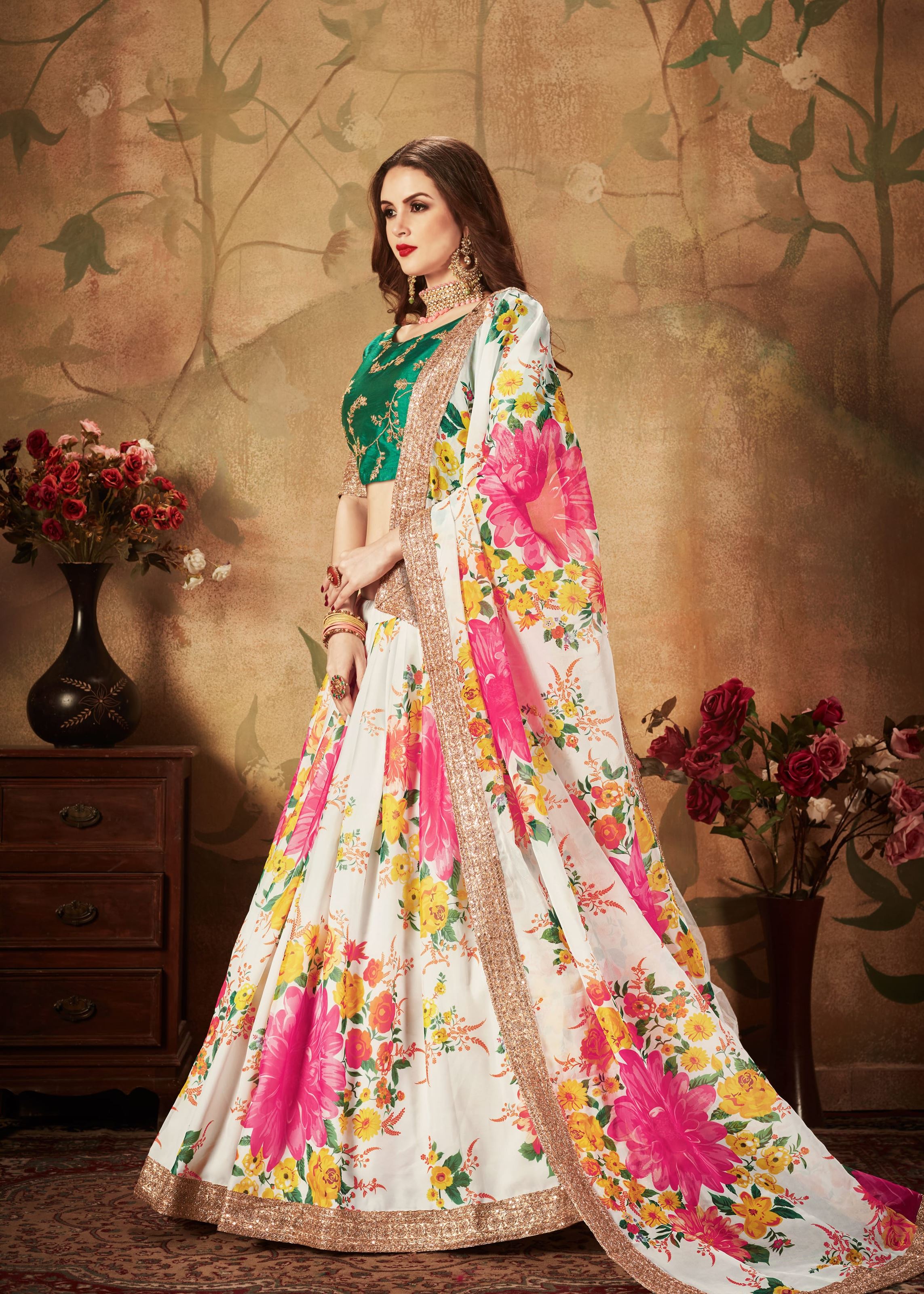 Off-White And Green Lehenga Choli With Digital Print & Dori, Zari And Sequins Embroidery Work