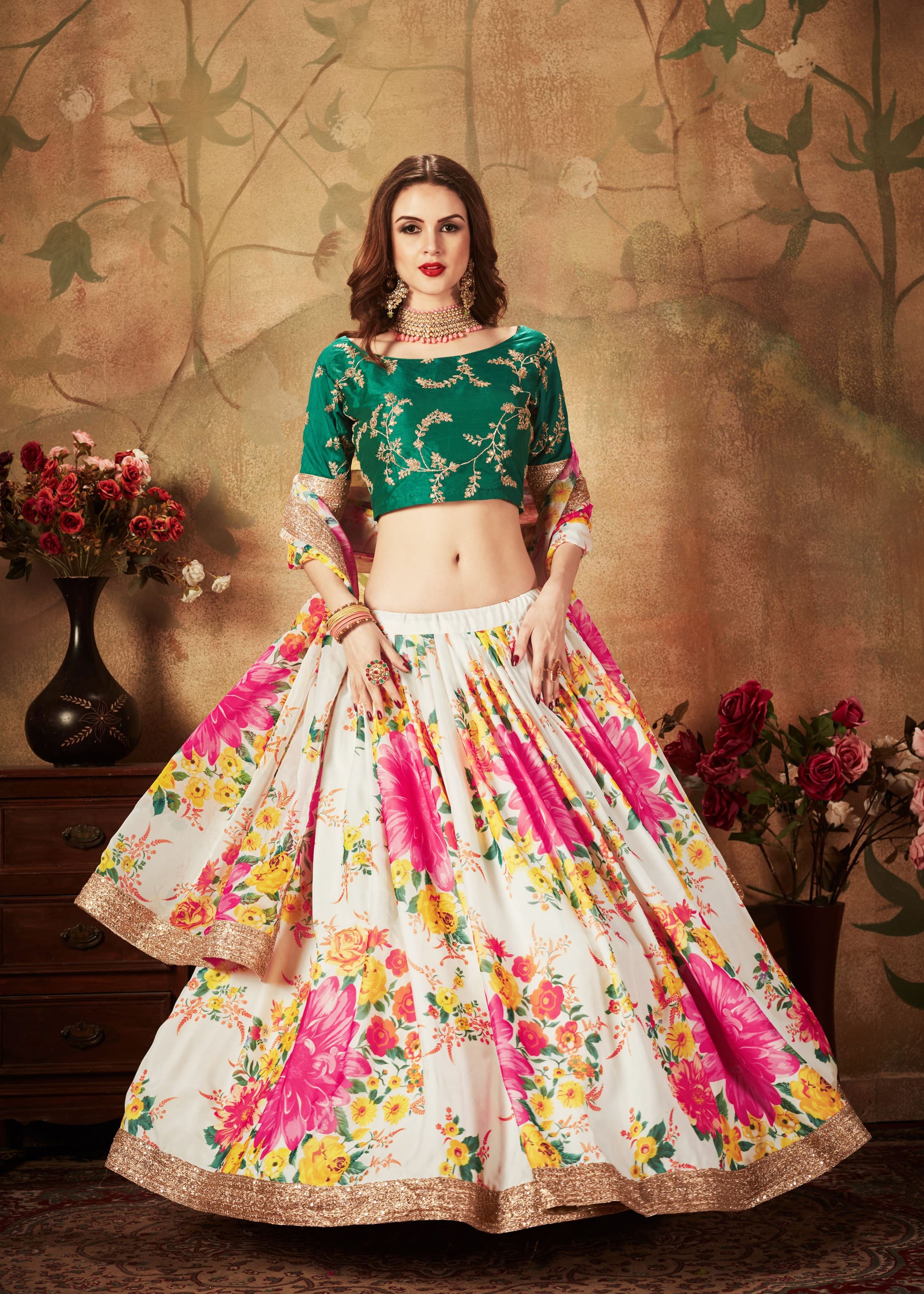 Off-White And Green Lehenga Choli With Digital Print & Dori, Zari And Sequins Embroidery Work