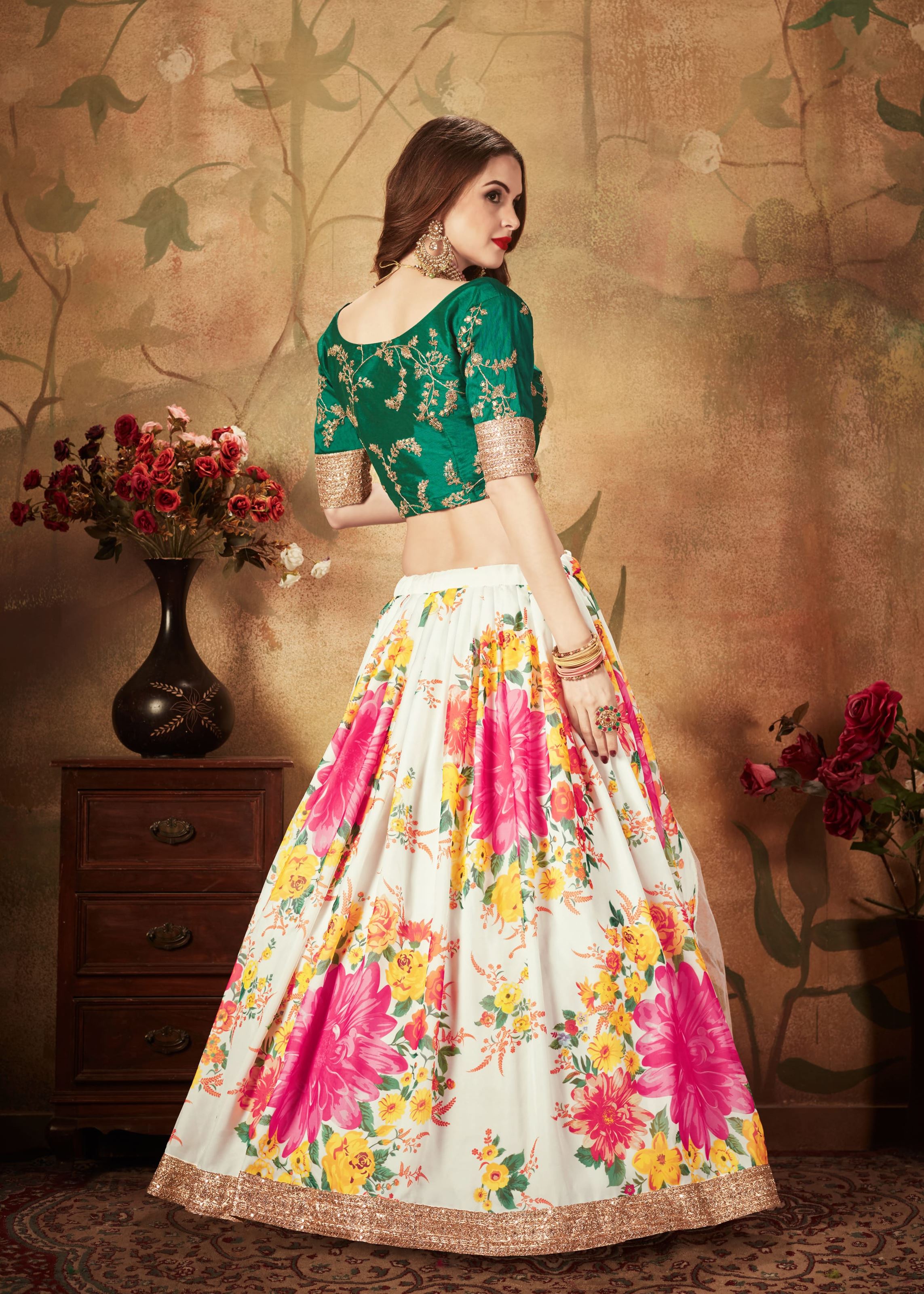 Off-White And Green Lehenga Choli With Digital Print & Dori, Zari And Sequins Embroidery Work