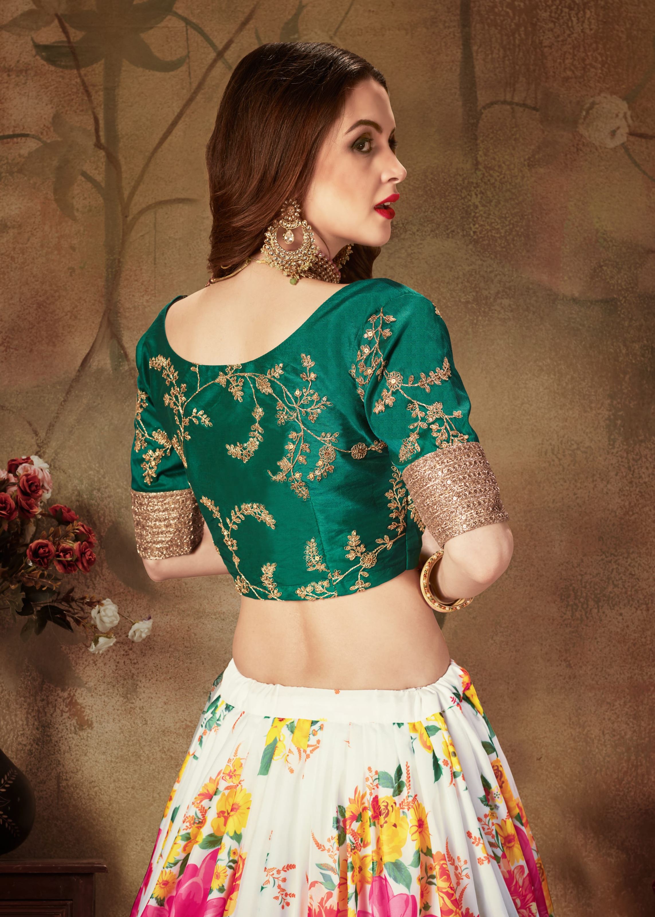 Off-White And Green Lehenga Choli With Digital Print & Dori, Zari And Sequins Embroidery Work