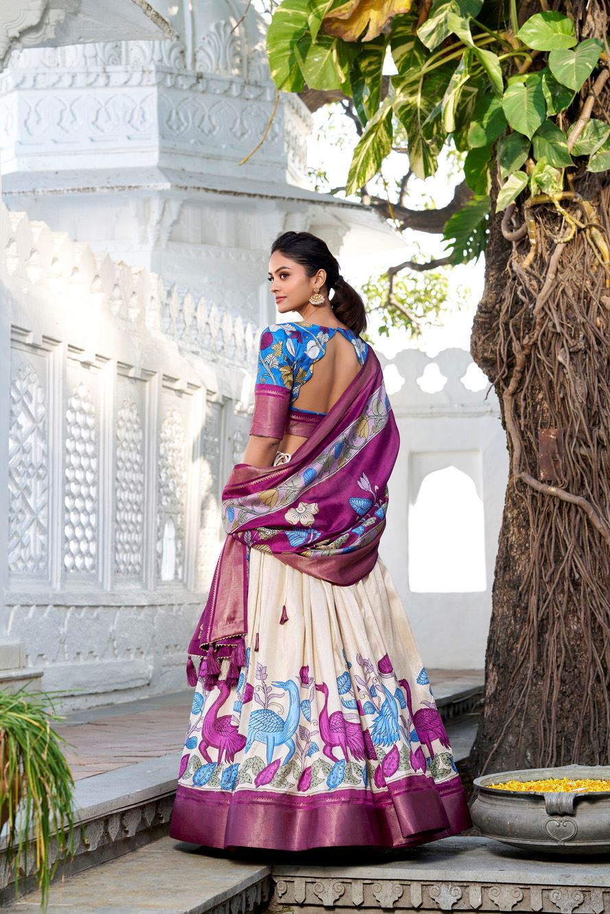Off-White Dola Silk Lehenga with Kalamkari Print and Rich Zari Woven Border
