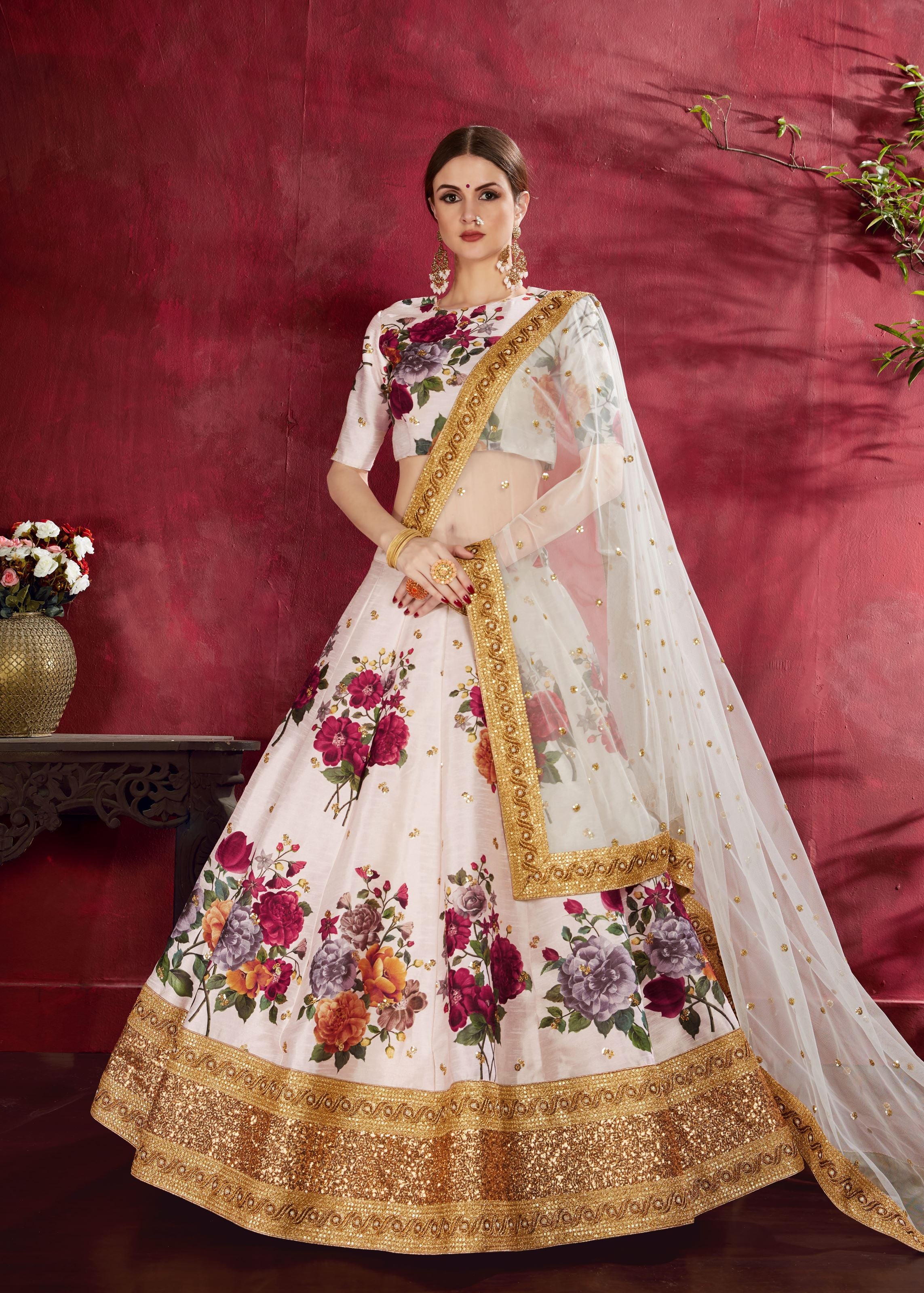 Off-White Lehenga Choli With Floral Print, Dori, Zari And Sequins Embroidery