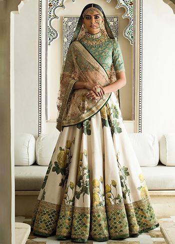 Off White-Yellow Rose Floral Print Silk Lehenga Choli