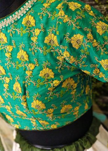 Off White-Yellow Rose Floral Print Silk Lehenga Choli