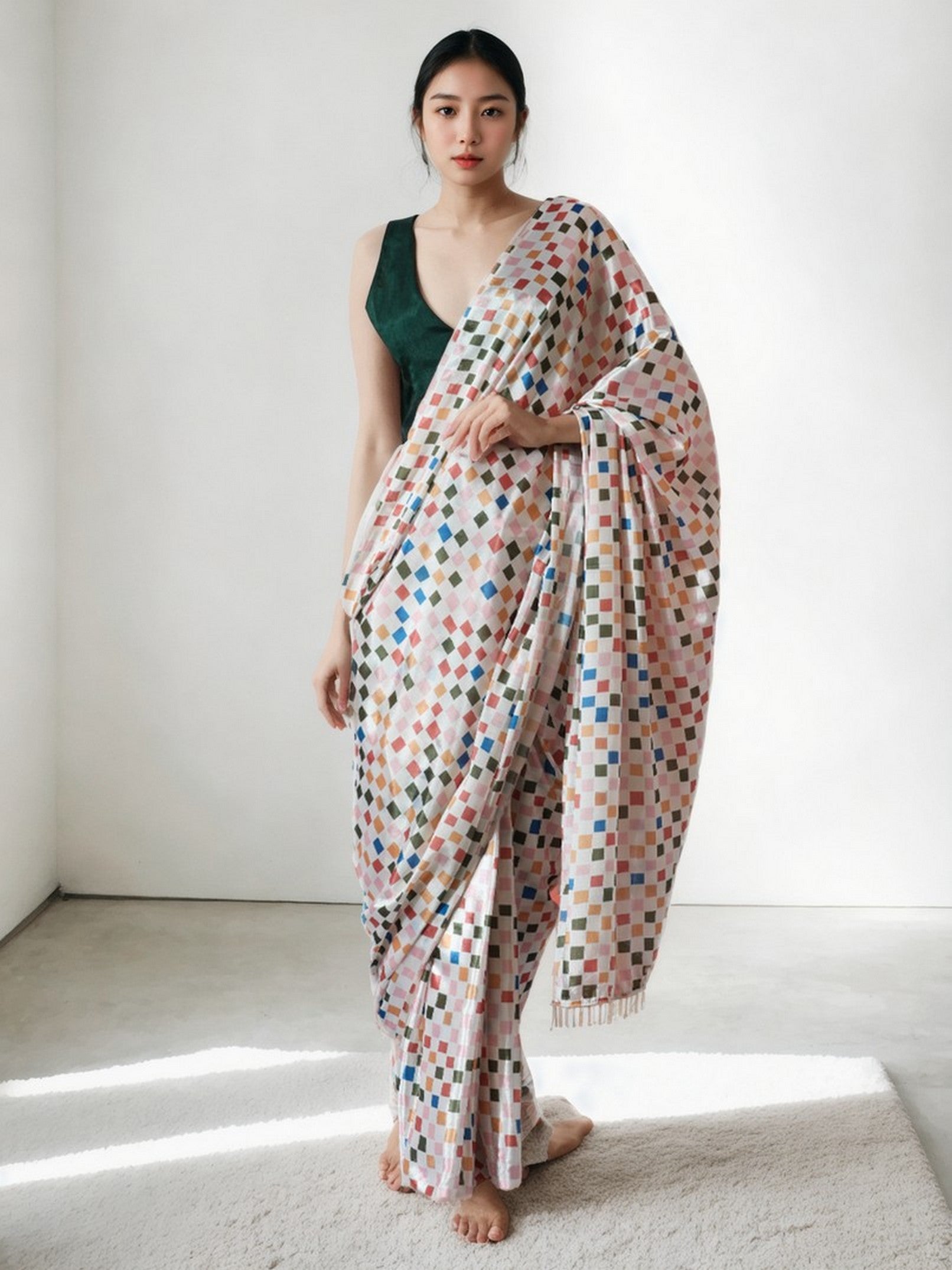 Off White Beautiful Chinon Designer Digital Printed Ready To Wear Ceremonial Saree