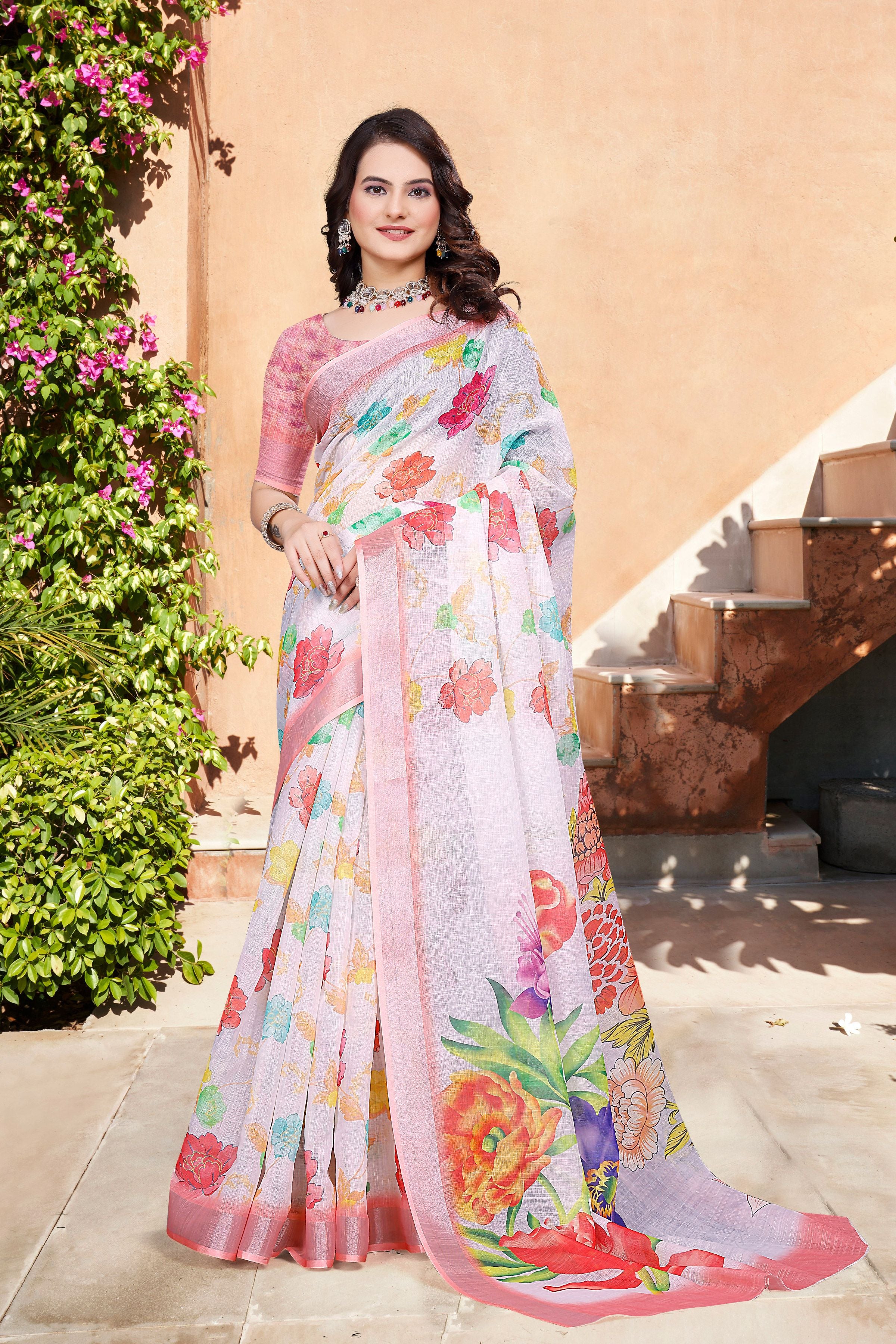 Off White Beautiful Designer Printed Saree With Woven Border