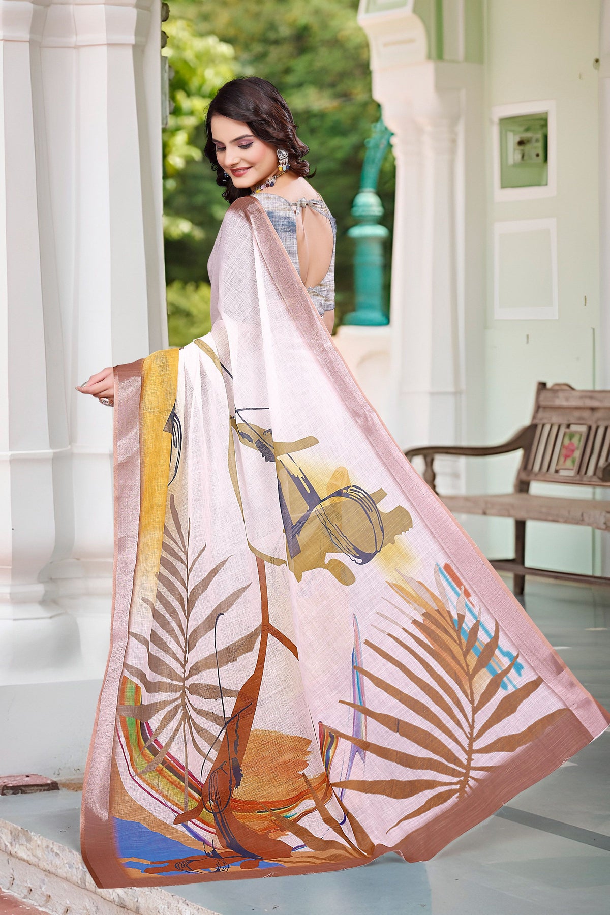 Off White Beautiful Designer Printed Saree With Woven Border