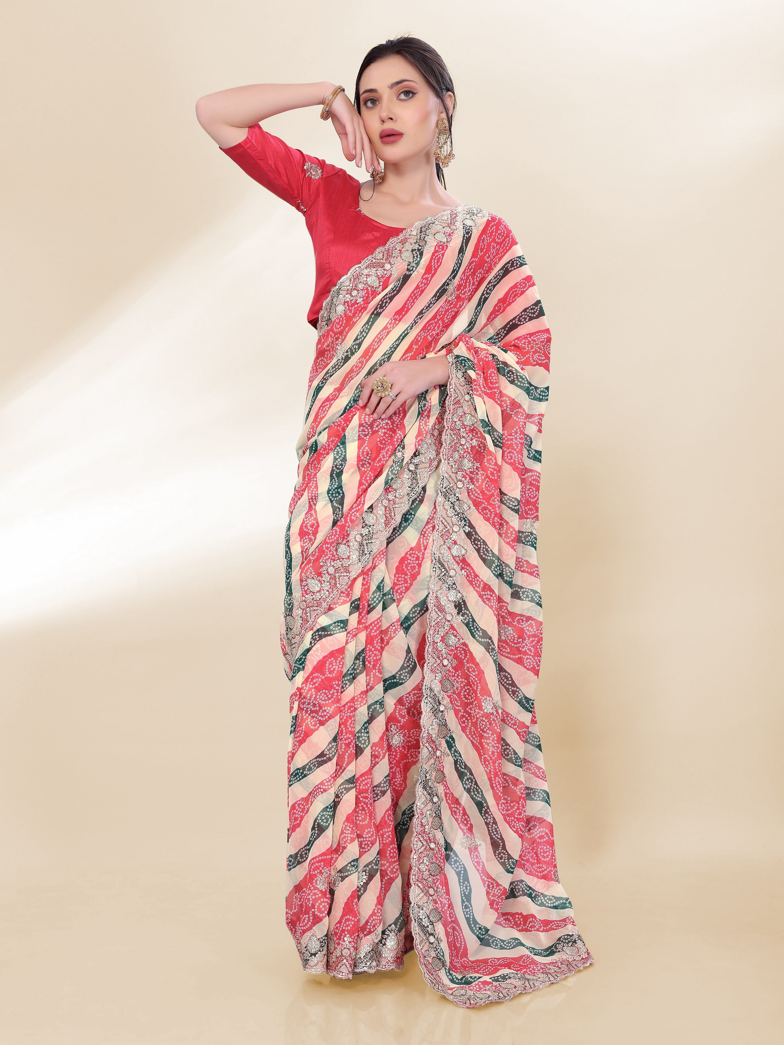 Off White Beautiful Georgette Bandhej Printed Festive Saree