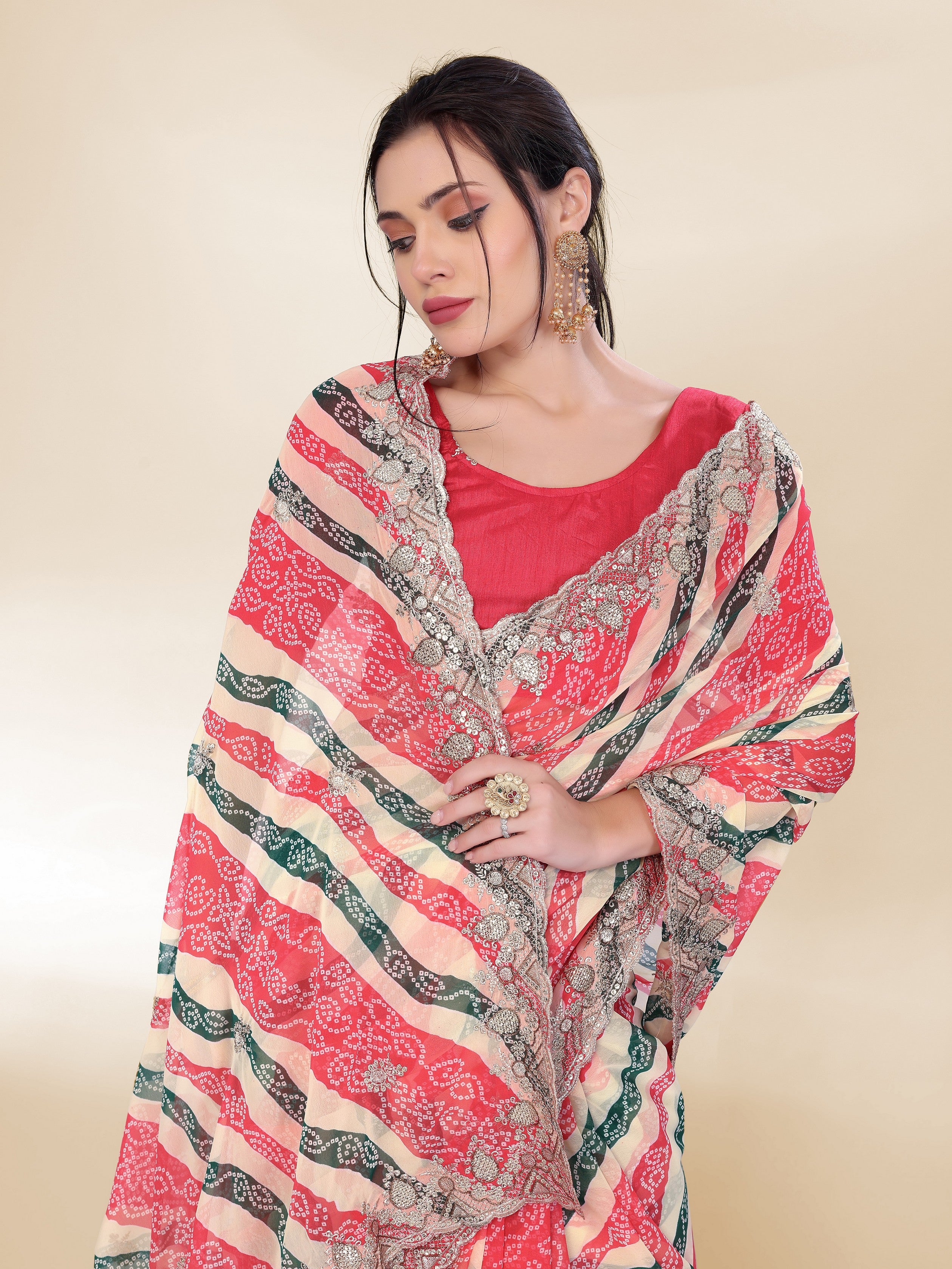 Off White Beautiful Georgette Bandhej Printed Festive Saree