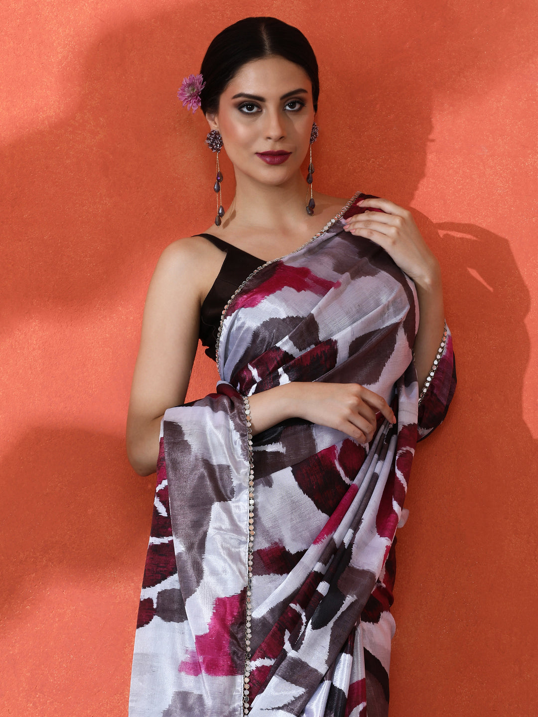 Off White Chinon Designer Digital Printed Girlie Partywear Saree