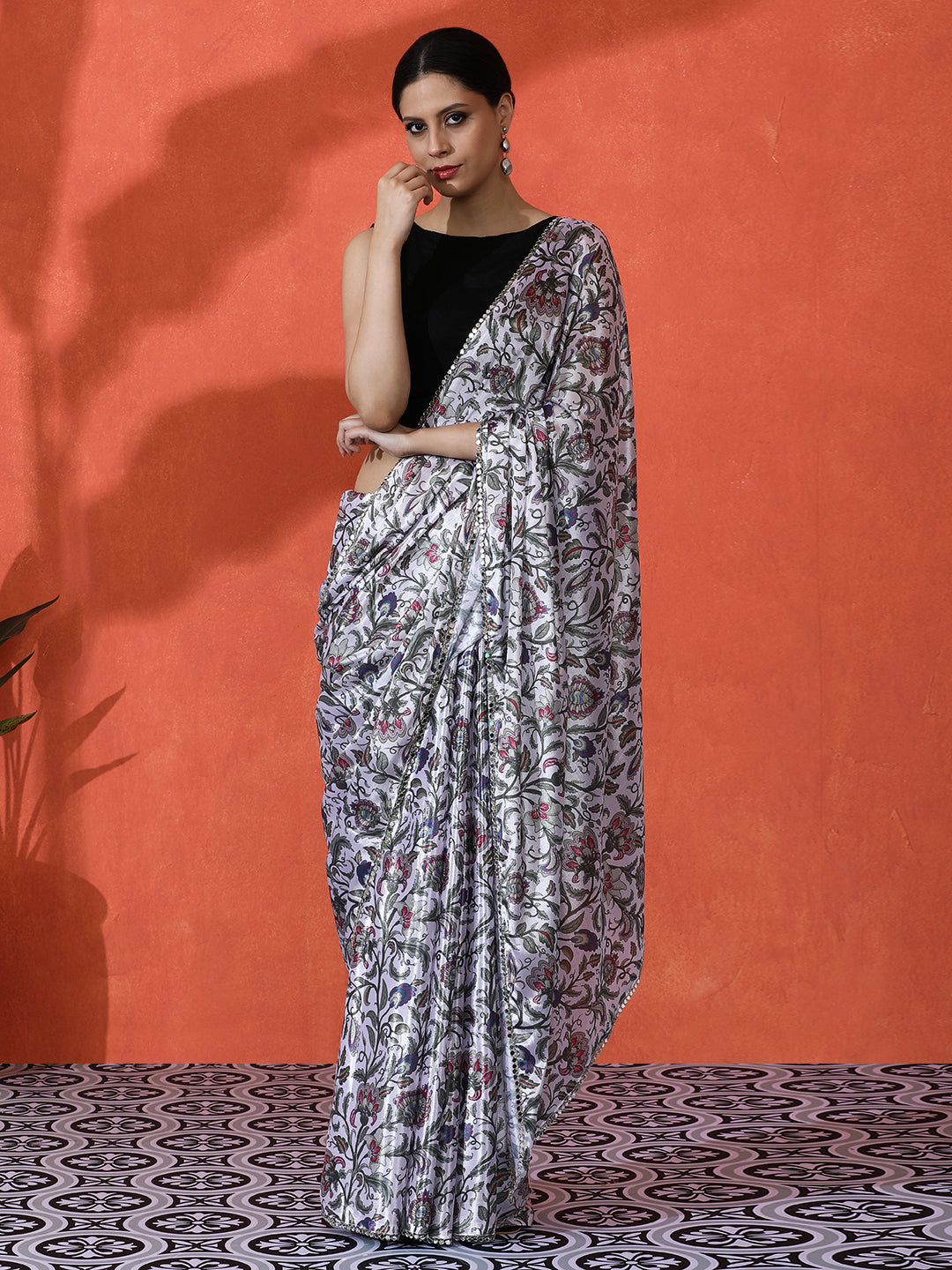 Off White Chinon Designer Digital Printed Girlie Partywear Saree