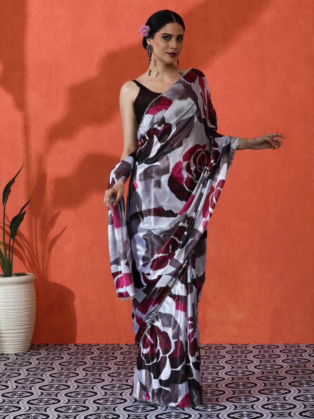 Off White Chinon Designer Digital Printed Girlie Partywear Saree