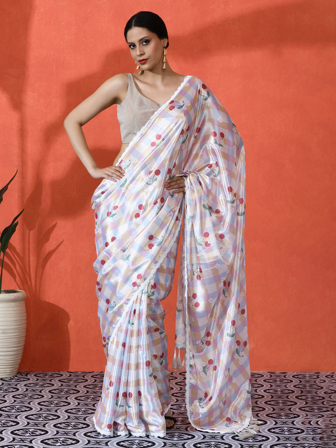 Off White Chinon Designer Digital Printed Saree For Ceremonial Looks