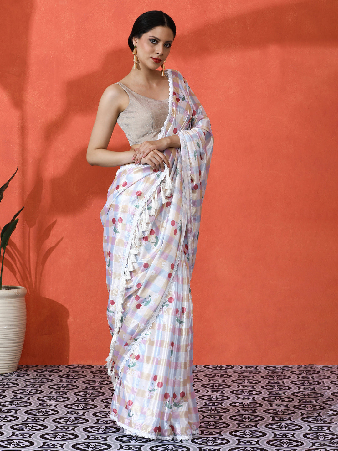 Off White Chinon Designer Digital Printed Saree For Ceremonial Looks