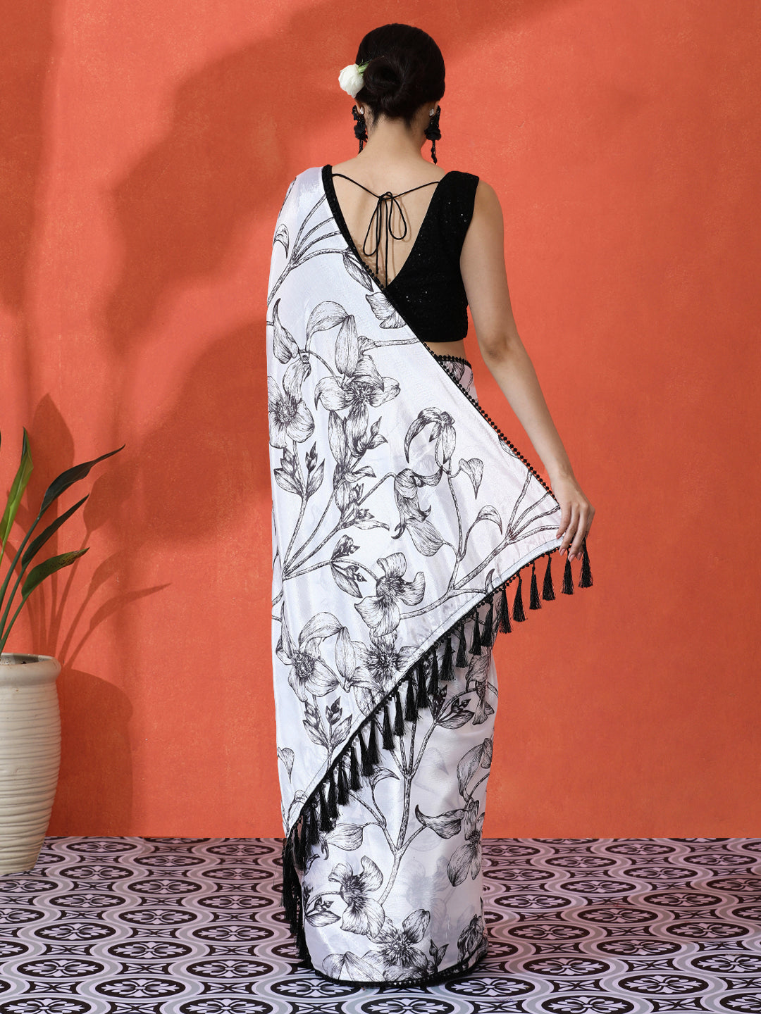 Off White Chinon Saree With Beautiful Digital Print For Ceremonial Wear