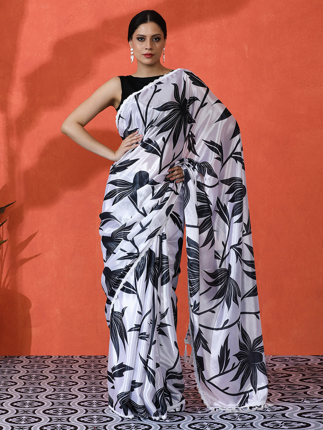 Off White Chinon Saree With Beautiful Digital Print For Ceremonial Wear