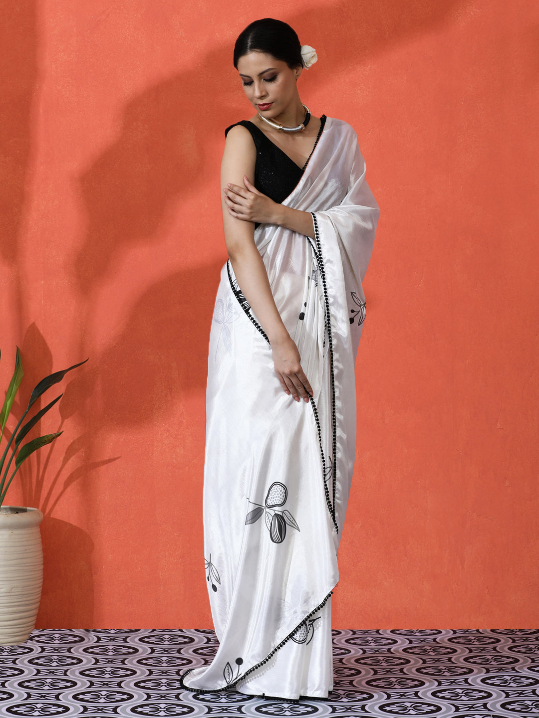 Off White Chinon Saree With Beautiful Digital Print For Ceremonial Wear