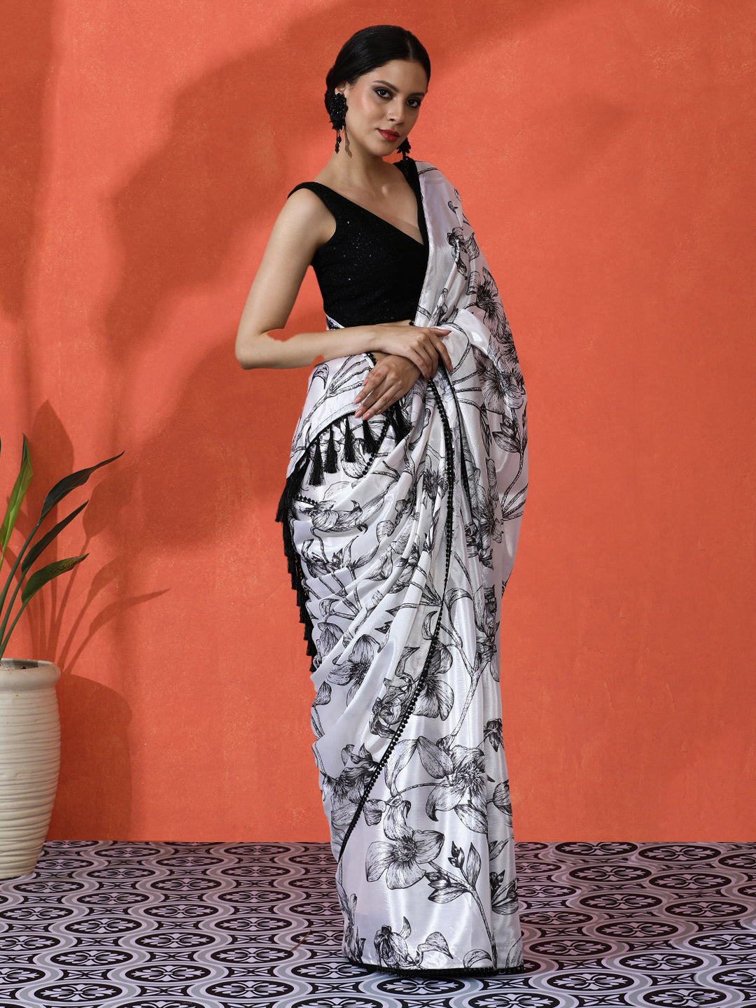 Off White Chinon Saree With Beautiful Digital Print For Ceremonial Wear