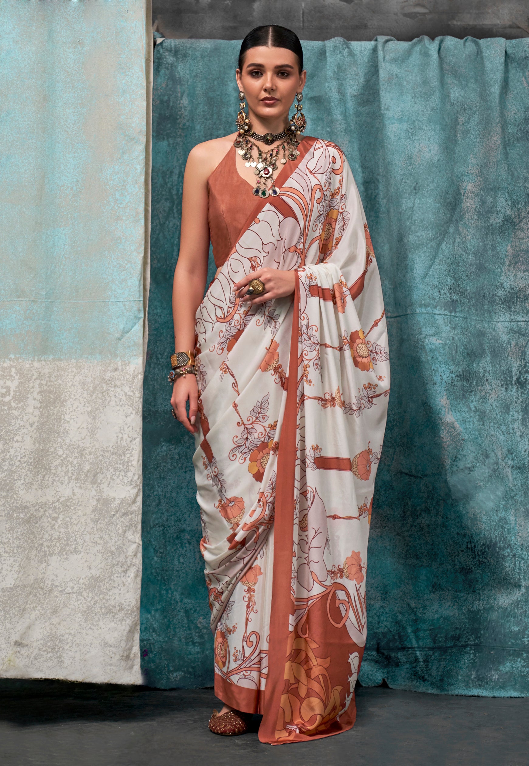 OffWhite Crape Saree With Digital Print