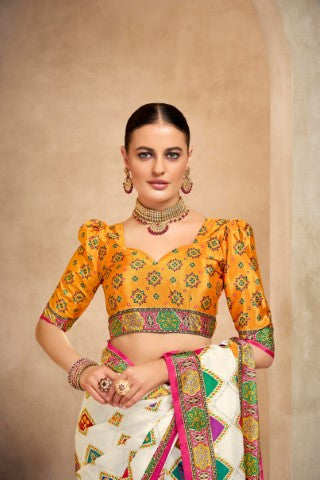 Off White Crepe Silk Position Digital Foil Printed Saree