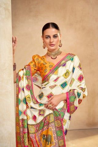 Off White Crepe Silk Position Digital Foil Printed Saree